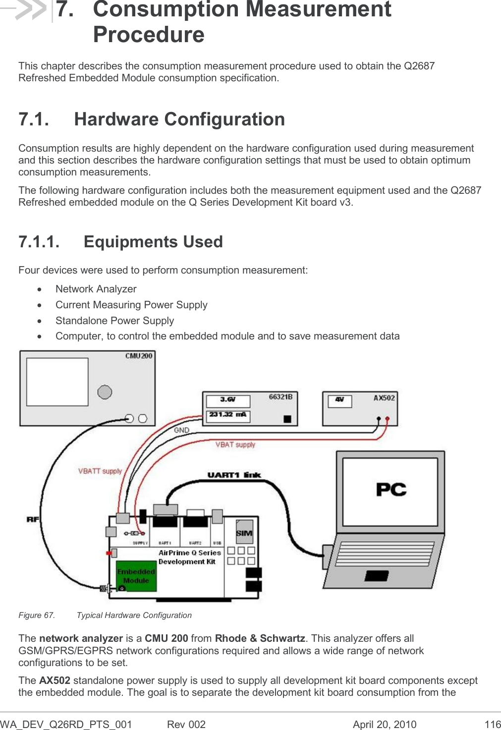  WA_DEV_Q26RD_PTS_001  Rev 002  April 20, 2010  116 7.  Consumption Measurement Procedure This chapter describes the consumption measurement procedure used to obtain the Q2687 Refreshed Embedded Module consumption specification. 7.1.  Hardware Configuration Consumption results are highly dependent on the hardware configuration used during measurement and this section describes the hardware configuration settings that must be used to obtain optimum consumption measurements. The following hardware configuration includes both the measurement equipment used and the Q2687 Refreshed embedded module on the Q Series Development Kit board v3. 7.1.1.  Equipments Used Four devices were used to perform consumption measurement:   Network Analyzer   Current Measuring Power Supply   Standalone Power Supply   Computer, to control the embedded module and to save measurement data  Figure 67.  Typical Hardware Configuration The network analyzer is a CMU 200 from Rhode &amp; Schwartz. This analyzer offers all GSM/GPRS/EGPRS network configurations required and allows a wide range of network configurations to be set. The AX502 standalone power supply is used to supply all development kit board components except the embedded module. The goal is to separate the development kit board consumption from the 