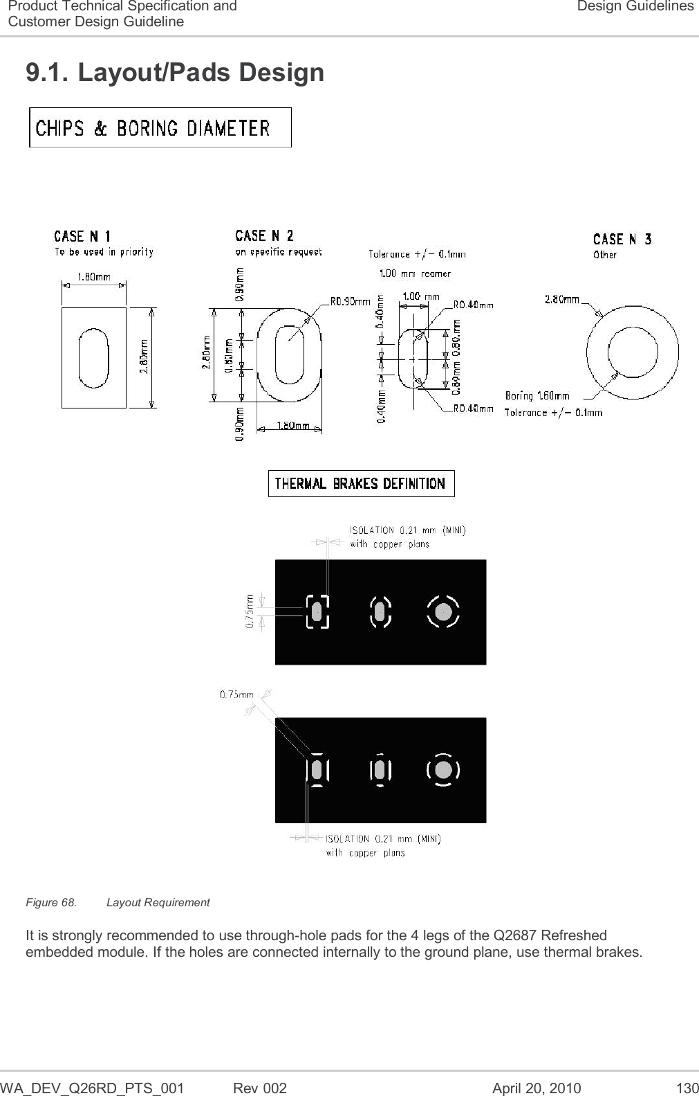   WA_DEV_Q26RD_PTS_001  Rev 002  April 20, 2010 130 Product Technical Specification and Customer Design Guideline Design Guidelines 9.1. Layout/Pads Design  Figure 68.  Layout Requirement It is strongly recommended to use through-hole pads for the 4 legs of the Q2687 Refreshed embedded module. If the holes are connected internally to the ground plane, use thermal brakes. 