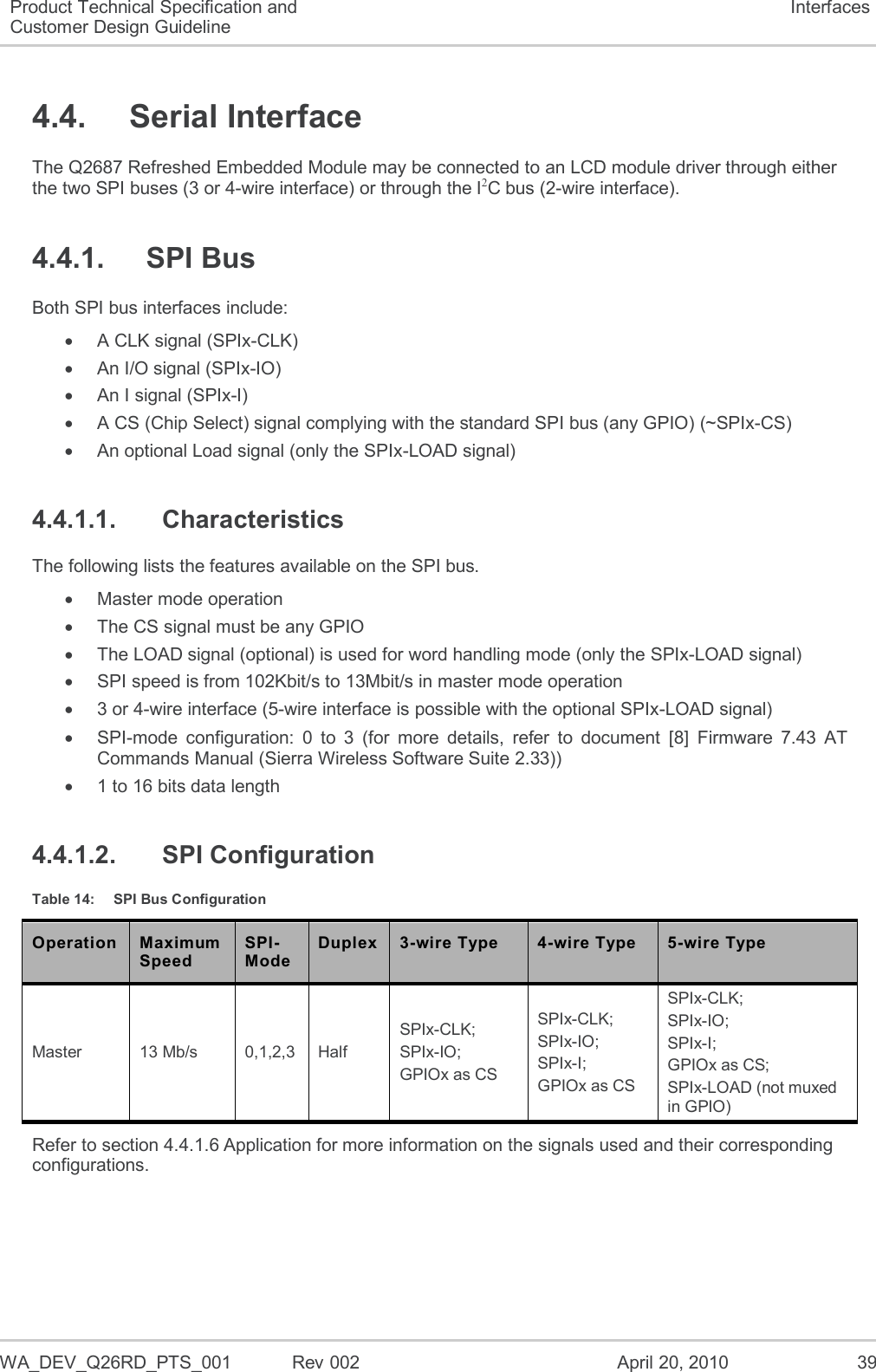  WA_DEV_Q26RD_PTS_001  Rev 002  April 20, 2010 39 Product Technical Specification and Customer Design Guideline Interfaces 4.4.  Serial Interface The Q2687 Refreshed Embedded Module may be connected to an LCD module driver through either the two SPI buses (3 or 4-wire interface) or through the I2C bus (2-wire interface). 4.4.1.  SPI Bus  Both SPI bus interfaces include:   A CLK signal (SPIx-CLK)   An I/O signal (SPIx-IO)   An I signal (SPIx-I)   A CS (Chip Select) signal complying with the standard SPI bus (any GPIO) (~SPIx-CS)   An optional Load signal (only the SPIx-LOAD signal) 4.4.1.1.  Characteristics The following lists the features available on the SPI bus.   Master mode operation   The CS signal must be any GPIO   The LOAD signal (optional) is used for word handling mode (only the SPIx-LOAD signal)   SPI speed is from 102Kbit/s to 13Mbit/s in master mode operation   3 or 4-wire interface (5-wire interface is possible with the optional SPIx-LOAD signal)  SPI-mode  configuration:  0  to  3  (for  more  details,  refer  to  document  [8]  Firmware  7.43  AT Commands Manual (Sierra Wireless Software Suite 2.33))   1 to 16 bits data length 4.4.1.2.  SPI Configuration Table 14:  SPI Bus Configuration Operation Maximum Speed SPI-Mode Duplex 3-wire Type 4-wire Type 5-wire Type Master 13 Mb/s 0,1,2,3 Half SPIx-CLK; SPIx-IO;  GPIOx as CS SPIx-CLK; SPIx-IO; SPIx-I; GPIOx as CS SPIx-CLK; SPIx-IO; SPIx-I; GPIOx as CS; SPIx-LOAD (not muxed in GPIO) Refer to section 4.4.1.6 Application for more information on the signals used and their corresponding configurations. 