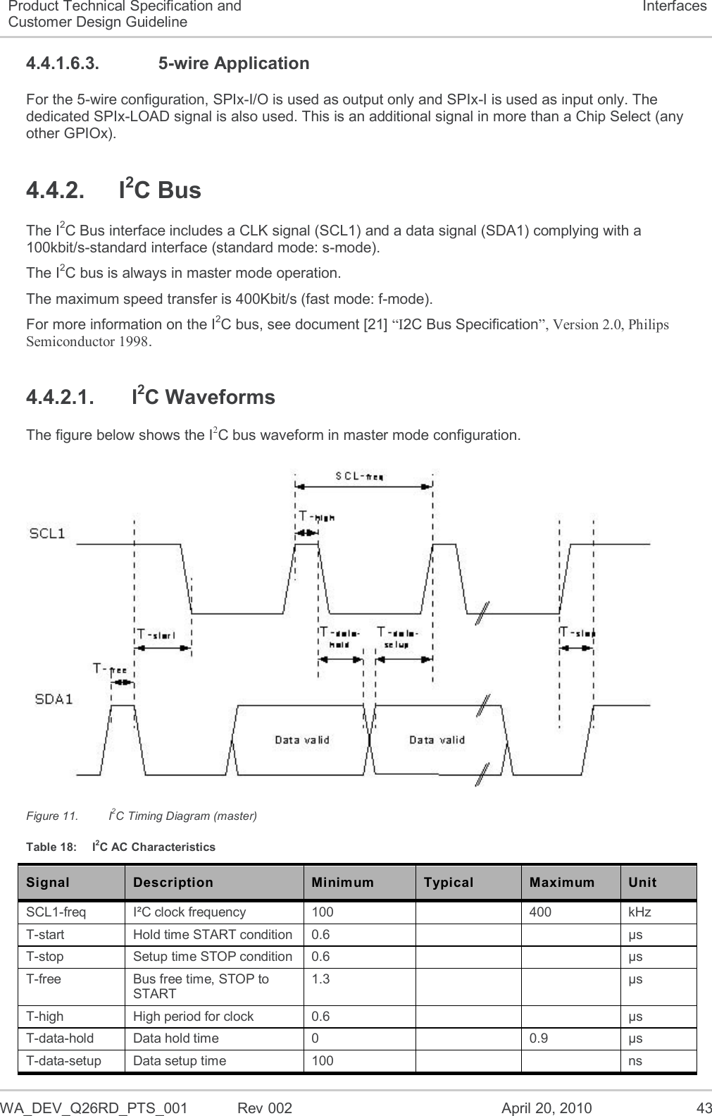  WA_DEV_Q26RD_PTS_001  Rev 002  April 20, 2010 43 Product Technical Specification and Customer Design Guideline Interfaces 4.4.1.6.3.  5-wire Application For the 5-wire configuration, SPIx-I/O is used as output only and SPIx-I is used as input only. The dedicated SPIx-LOAD signal is also used. This is an additional signal in more than a Chip Select (any other GPIOx). 4.4.2.  I2C Bus The I2C Bus interface includes a CLK signal (SCL1) and a data signal (SDA1) complying with a 100kbit/s-standard interface (standard mode: s-mode). The I2C bus is always in master mode operation. The maximum speed transfer is 400Kbit/s (fast mode: f-mode). For more information on the I2C bus, see document [21] “I2C Bus Specification”, Version 2.0, Philips Semiconductor 1998. 4.4.2.1.  I2C Waveforms The figure below shows the I2C bus waveform in master mode configuration.  Figure 11.  I2C Timing Diagram (master) Table 18:  I2C AC Characteristics Signal Description Minimum Typical Maximum Unit SCL1-freq I²C clock frequency  100  400 kHz T-start Hold time START condition 0.6   µs T-stop Setup time STOP condition 0.6   µs T-free Bus free time, STOP to START 1.3   µs T-high High period for clock 0.6   µs T-data-hold Data hold time 0  0.9 µs T-data-setup Data setup time 100   ns 