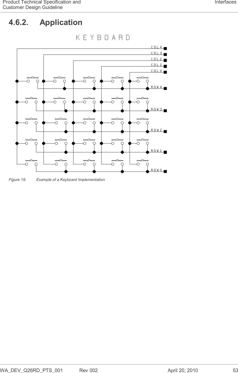  WA_DEV_Q26RD_PTS_001  Rev 002  April 20, 2010 53 Product Technical Specification and Customer Design Guideline Interfaces 4.6.2.  Application  Figure 19.  Example of a Keyboard Implementation  