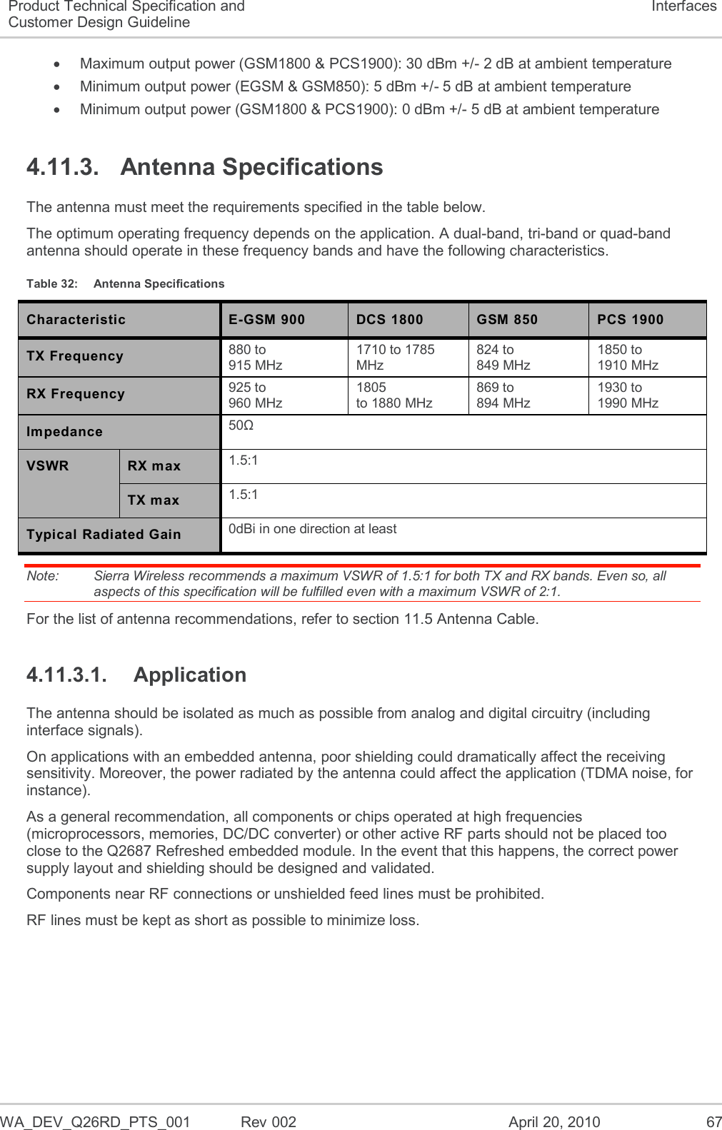  WA_DEV_Q26RD_PTS_001  Rev 002  April 20, 2010 67 Product Technical Specification and Customer Design Guideline Interfaces   Maximum output power (GSM1800 &amp; PCS1900): 30 dBm +/- 2 dB at ambient temperature   Minimum output power (EGSM &amp; GSM850): 5 dBm +/- 5 dB at ambient temperature   Minimum output power (GSM1800 &amp; PCS1900): 0 dBm +/- 5 dB at ambient temperature 4.11.3.  Antenna Specifications The antenna must meet the requirements specified in the table below. The optimum operating frequency depends on the application. A dual-band, tri-band or quad-band antenna should operate in these frequency bands and have the following characteristics. Table 32:  Antenna Specifications Characteristic E-GSM 900 DCS 1800 GSM 850 PCS 1900 TX Frequency  880 to  915 MHz 1710 to 1785 MHz 824 to  849 MHz 1850 to  1910 MHz RX Frequency  925 to  960 MHz 1805  to 1880 MHz 869 to  894 MHz 1930 to  1990 MHz Impedance 50Ω VSWR  RX max 1.5:1 TX max 1.5:1 Typical Radiated Gain 0dBi in one direction at least Note:   Sierra Wireless recommends a maximum VSWR of 1.5:1 for both TX and RX bands. Even so, all aspects of this specification will be fulfilled even with a maximum VSWR of 2:1. For the list of antenna recommendations, refer to section 11.5 Antenna Cable. 4.11.3.1.  Application The antenna should be isolated as much as possible from analog and digital circuitry (including interface signals). On applications with an embedded antenna, poor shielding could dramatically affect the receiving sensitivity. Moreover, the power radiated by the antenna could affect the application (TDMA noise, for instance). As a general recommendation, all components or chips operated at high frequencies (microprocessors, memories, DC/DC converter) or other active RF parts should not be placed too close to the Q2687 Refreshed embedded module. In the event that this happens, the correct power supply layout and shielding should be designed and validated. Components near RF connections or unshielded feed lines must be prohibited. RF lines must be kept as short as possible to minimize loss. 
