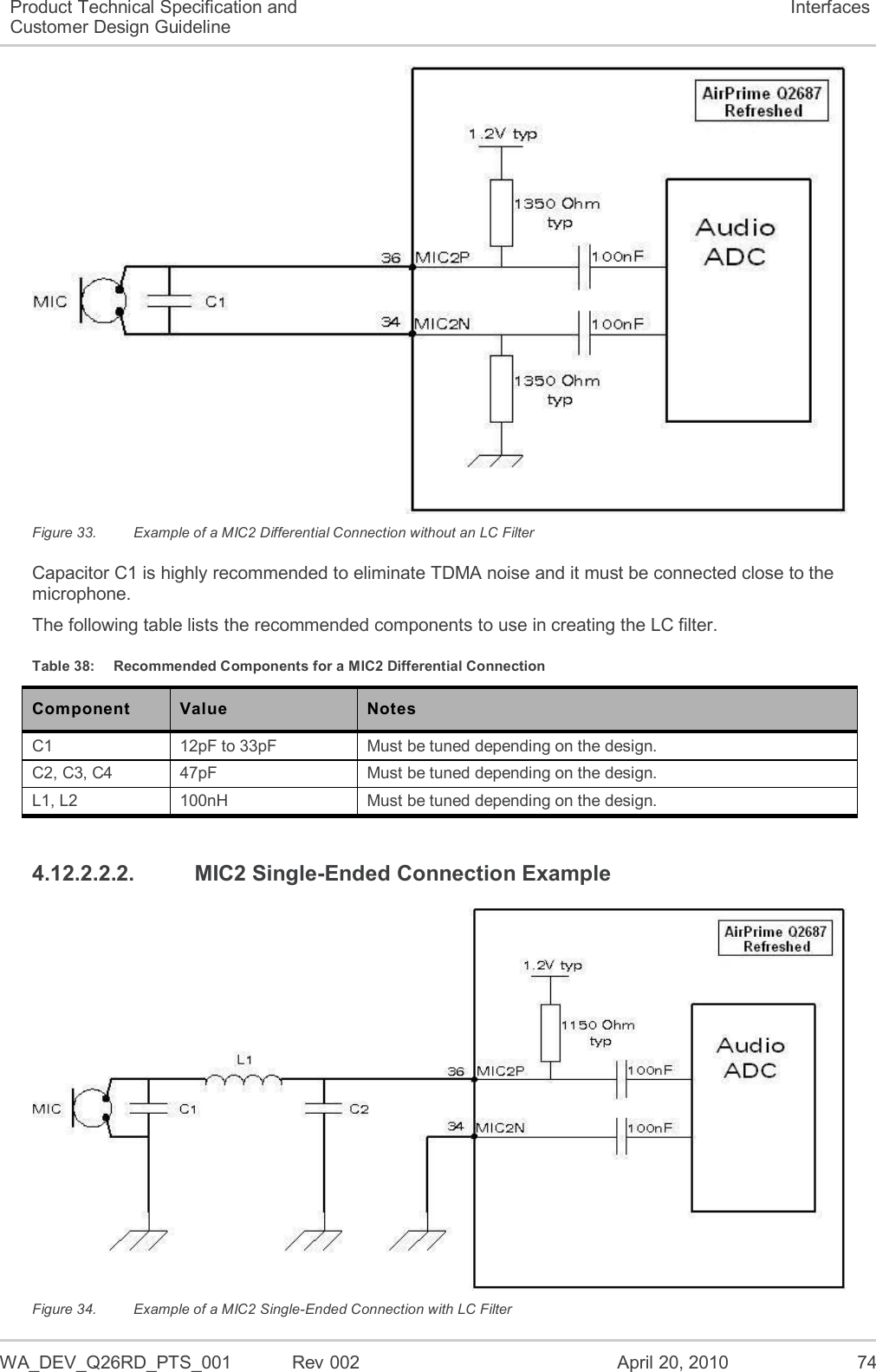  WA_DEV_Q26RD_PTS_001  Rev 002  April 20, 2010 74 Product Technical Specification and Customer Design Guideline Interfaces  Figure 33.  Example of a MIC2 Differential Connection without an LC Filter Capacitor C1 is highly recommended to eliminate TDMA noise and it must be connected close to the microphone. The following table lists the recommended components to use in creating the LC filter. Table 38:  Recommended Components for a MIC2 Differential Connection Component Value Notes C1 12pF to 33pF Must be tuned depending on the design. C2, C3, C4 47pF Must be tuned depending on the design. L1, L2 100nH Must be tuned depending on the design. 4.12.2.2.2.  MIC2 Single-Ended Connection Example  Figure 34.  Example of a MIC2 Single-Ended Connection with LC Filter 