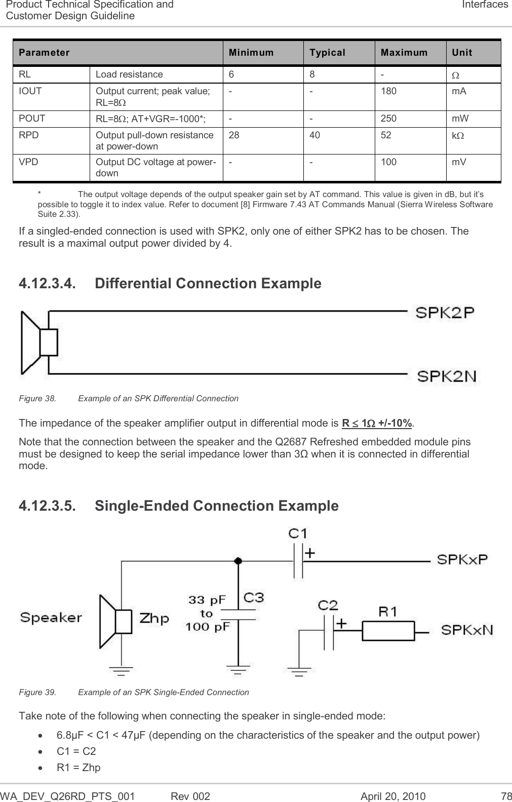  WA_DEV_Q26RD_PTS_001  Rev 002  April 20, 2010 78 Product Technical Specification and Customer Design Guideline Interfaces Parameter Minimum Typical Maximum Unit RL Load resistance 6 8 -  IOUT Output current; peak value; RL=8 - - 180 mA POUT RL=8; AT+VGR=-1000*; - - 250 mW RPD Output pull-down resistance at power-down 28 40 52 k VPD Output DC voltage at power-down - - 100 mV *    The output voltage depends of the output speaker gain set by AT command. This value is given in dB, but it’s possible to toggle it to index value. Refer to document [8] Firmware 7.43 AT Commands Manual (Sierra Wireless Software Suite 2.33). If a singled-ended connection is used with SPK2, only one of either SPK2 has to be chosen. The result is a maximal output power divided by 4. 4.12.3.4.  Differential Connection Example  Figure 38.  Example of an SPK Differential Connection The impedance of the speaker amplifier output in differential mode is R  1 +/-10%. Note that the connection between the speaker and the Q2687 Refreshed embedded module pins must be designed to keep the serial impedance lower than 3Ω when it is connected in differential mode. 4.12.3.5.  Single-Ended Connection Example  Figure 39.  Example of an SPK Single-Ended Connection Take note of the following when connecting the speaker in single-ended mode:   6.8µF &lt; C1 &lt; 47µF (depending on the characteristics of the speaker and the output power)   C1 = C2   R1 = Zhp 