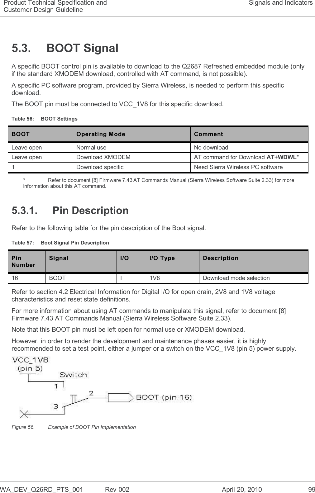   WA_DEV_Q26RD_PTS_001  Rev 002  April 20, 2010 99 Product Technical Specification and Customer Design Guideline Signals and Indicators 5.3.  BOOT Signal A specific BOOT control pin is available to download to the Q2687 Refreshed embedded module (only if the standard XMODEM download, controlled with AT command, is not possible). A specific PC software program, provided by Sierra Wireless, is needed to perform this specific download. The BOOT pin must be connected to VCC_1V8 for this specific download. Table 56:  BOOT Settings BOOT Operating Mode Comment Leave open Normal use No download Leave open Download XMODEM AT command for Download AT+WDWL* 1 Download specific Need Sierra Wireless PC software *    Refer to document [8] Firmware 7.43 AT Commands Manual (Sierra Wireless Software Suite 2.33) for more information about this AT command. 5.3.1.  Pin Description Refer to the following table for the pin description of the Boot signal. Table 57:  Boot Signal Pin Description Pin Number Signal I/O I/O Type Description 16 BOOT I 1V8 Download mode selection Refer to section 4.2 Electrical Information for Digital I/O for open drain, 2V8 and 1V8 voltage characteristics and reset state definitions. For more information about using AT commands to manipulate this signal, refer to document [8] Firmware 7.43 AT Commands Manual (Sierra Wireless Software Suite 2.33). Note that this BOOT pin must be left open for normal use or XMODEM download. However, in order to render the development and maintenance phases easier, it is highly recommended to set a test point, either a jumper or a switch on the VCC_1V8 (pin 5) power supply.  Figure 56.  Example of BOOT Pin Implementation 