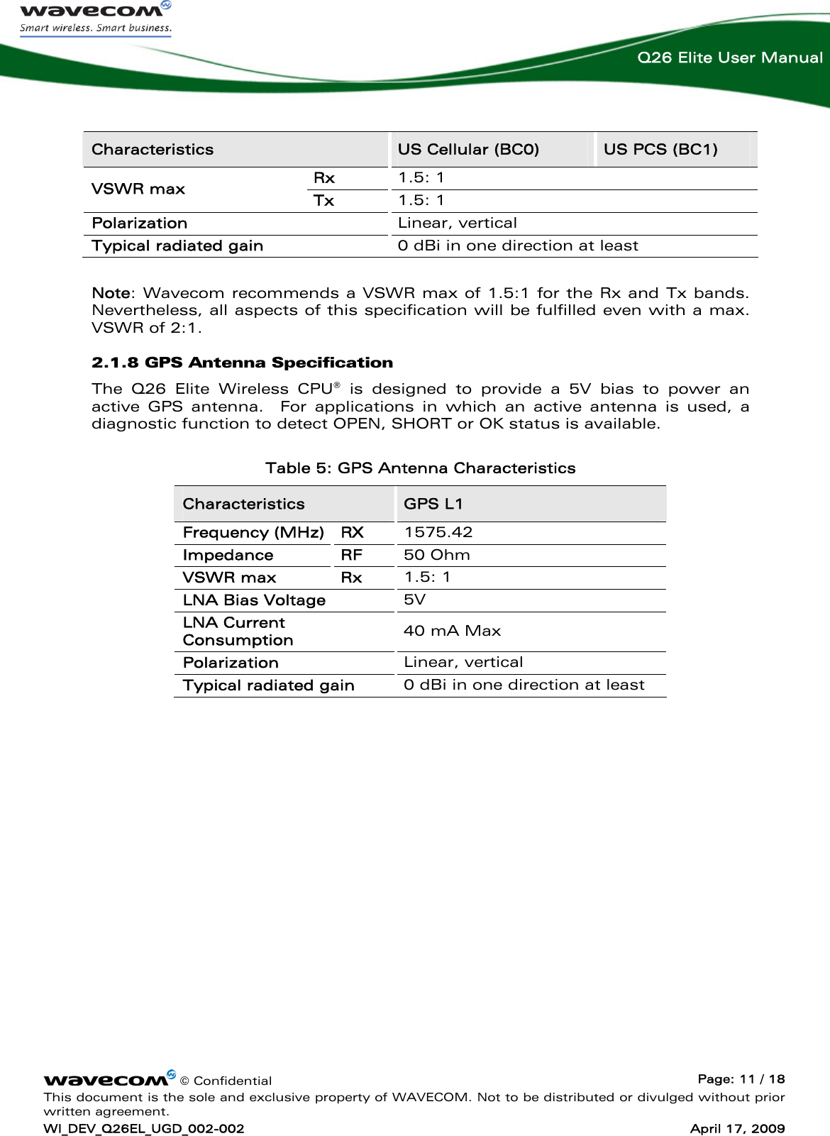    © Confidential  Page: 11 / 18 This document is the sole and exclusive property of WAVECOM. Not to be distributed or divulged without prior written agreement. WI_DEV_Q26EL_UGD_002-002  April 17, 2009  Q26 Elite User Manual Characteristics  US Cellular (BC0)  US PCS (BC1) Rx  1.5: 1 VSWR max  Tx  1.5: 1 Polarization  Linear, vertical Typical radiated gain  0 dBi in one direction at least  Note: Wavecom recommends a VSWR max of 1.5:1 for the Rx and Tx bands. Nevertheless, all aspects of this specification will be fulfilled even with a max. VSWR of 2:1. 2.1.8 GPS Antenna Specification The Q26 Elite Wireless CPU® is designed to provide a 5V bias to power an active GPS antenna.  For applications in which an active antenna is used, a diagnostic function to detect OPEN, SHORT or OK status is available. Table 5: GPS Antenna Characteristics Characteristics  GPS L1 Frequency (MHz)  RX  1575.42 Impedance RF 50 Ohm VSWR max  Rx  1.5: 1 LNA Bias Voltage  5V LNA Current Consumption  40 mA Max Polarization  Linear, vertical Typical radiated gain  0 dBi in one direction at least 