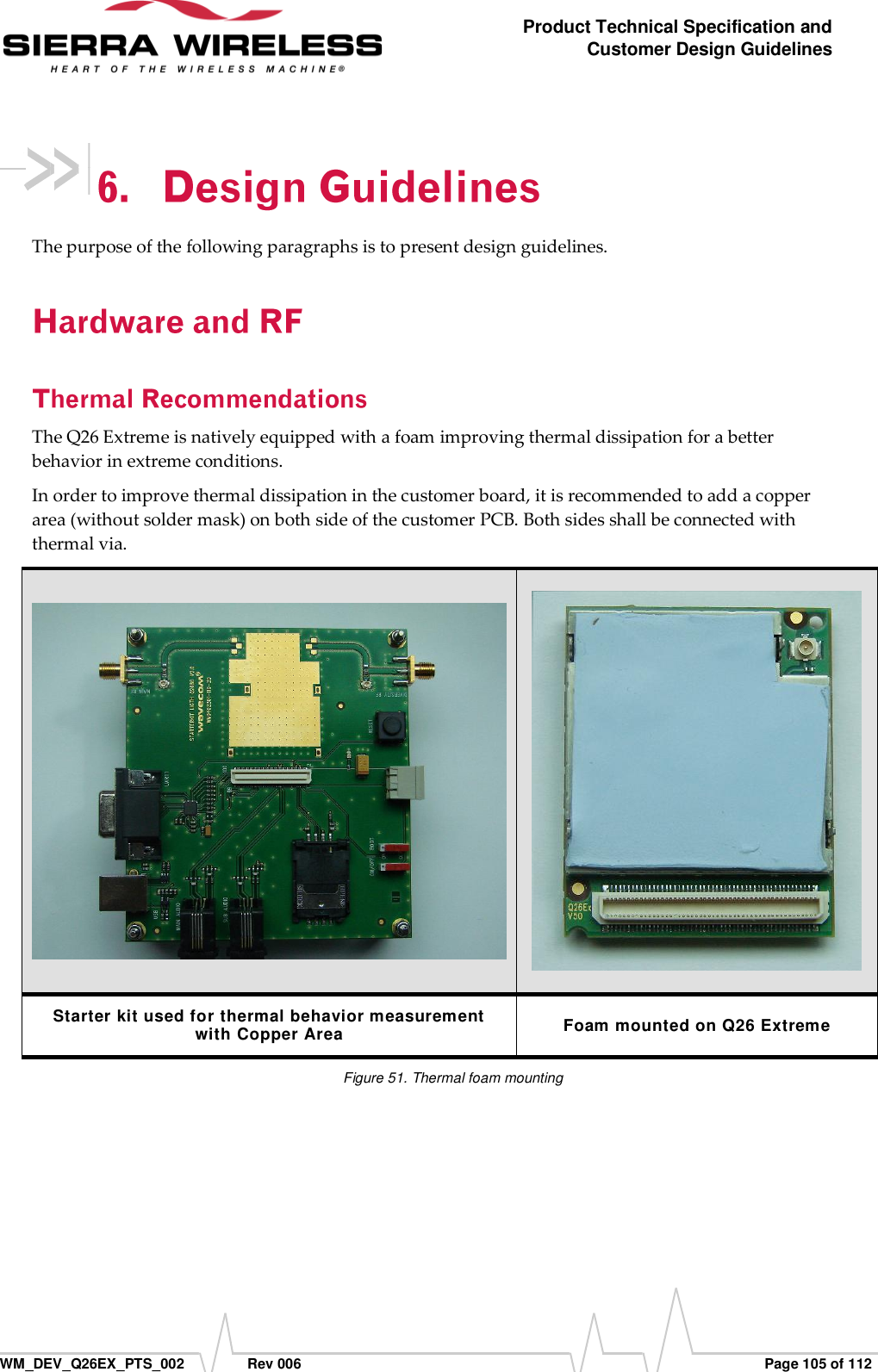      WM_DEV_Q26EX_PTS_002  Rev 006  Page 105 of 112 Product Technical Specification and Customer Design Guidelines  The purpose of the following paragraphs is to present design guidelines.  The Q26 Extreme is natively equipped with a foam improving thermal dissipation for a better behavior in extreme conditions. In order to improve thermal dissipation in the customer board, it is recommended to add a copper area (without solder mask) on both side of the customer PCB. Both sides shall be connected with thermal via.   Starter kit used for thermal behavior measurement  with Copper Area Foam mounted on Q26 Extreme Figure 51. Thermal foam mounting 