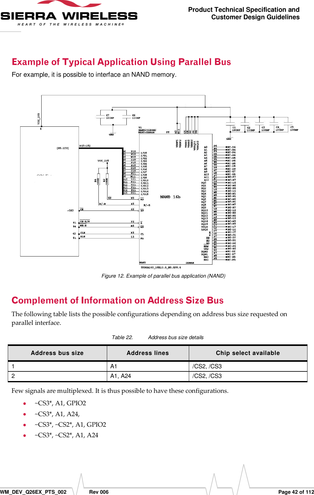      WM_DEV_Q26EX_PTS_002  Rev 006  Page 42 of 112 Product Technical Specification and Customer Design Guidelines For example, it is possible to interface an NAND memory.  Figure 12. Example of parallel bus application (NAND) The following table lists the possible configurations depending on address bus size requested on parallel interface. Table 22.  Address bus size details Address bus size Address lines Chip select available 1 A1 /CS2, /CS3 2 A1, A24 /CS2, /CS3 Few signals are multiplexed. It is thus possible to have these configurations.   ~CS3*, A1, GPIO2  ~CS3*, A1, A24,   ~CS3*, ~CS2*, A1, GPIO2  ~CS3*, ~CS2*, A1, A24 Q26 Extrene                             