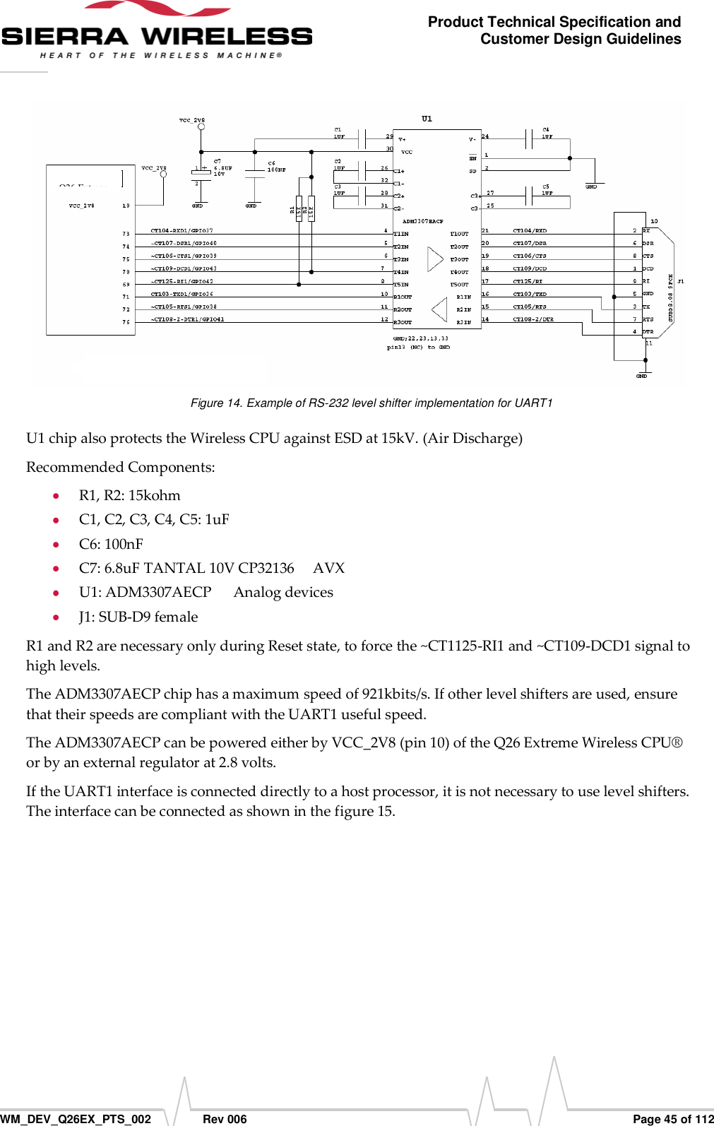      WM_DEV_Q26EX_PTS_002  Rev 006  Page 45 of 112 Product Technical Specification and Customer Design Guidelines  Figure 14. Example of RS-232 level shifter implementation for UART1 U1 chip also protects the Wireless CPU against ESD at 15kV. (Air Discharge) Recommended Components:  R1, R2: 15kohm  C1, C2, C3, C4, C5: 1uF  C6: 100nF  C7: 6.8uF TANTAL 10V CP32136     AVX  U1: ADM3307AECP      Analog devices  J1: SUB-D9 female  R1 and R2 are necessary only during Reset state, to force the ~CT1125-RI1 and ~CT109-DCD1 signal to high levels. The ADM3307AECP chip has a maximum speed of 921kbits/s. If other level shifters are used, ensure that their speeds are compliant with the UART1 useful speed. The ADM3307AECP can be powered either by VCC_2V8 (pin 10) of the Q26 Extreme Wireless CPU® or by an external regulator at 2.8 volts. If the UART1 interface is connected directly to a host processor, it is not necessary to use level shifters. The interface can be connected as shown in the figure 15. Q26 Extrene                                