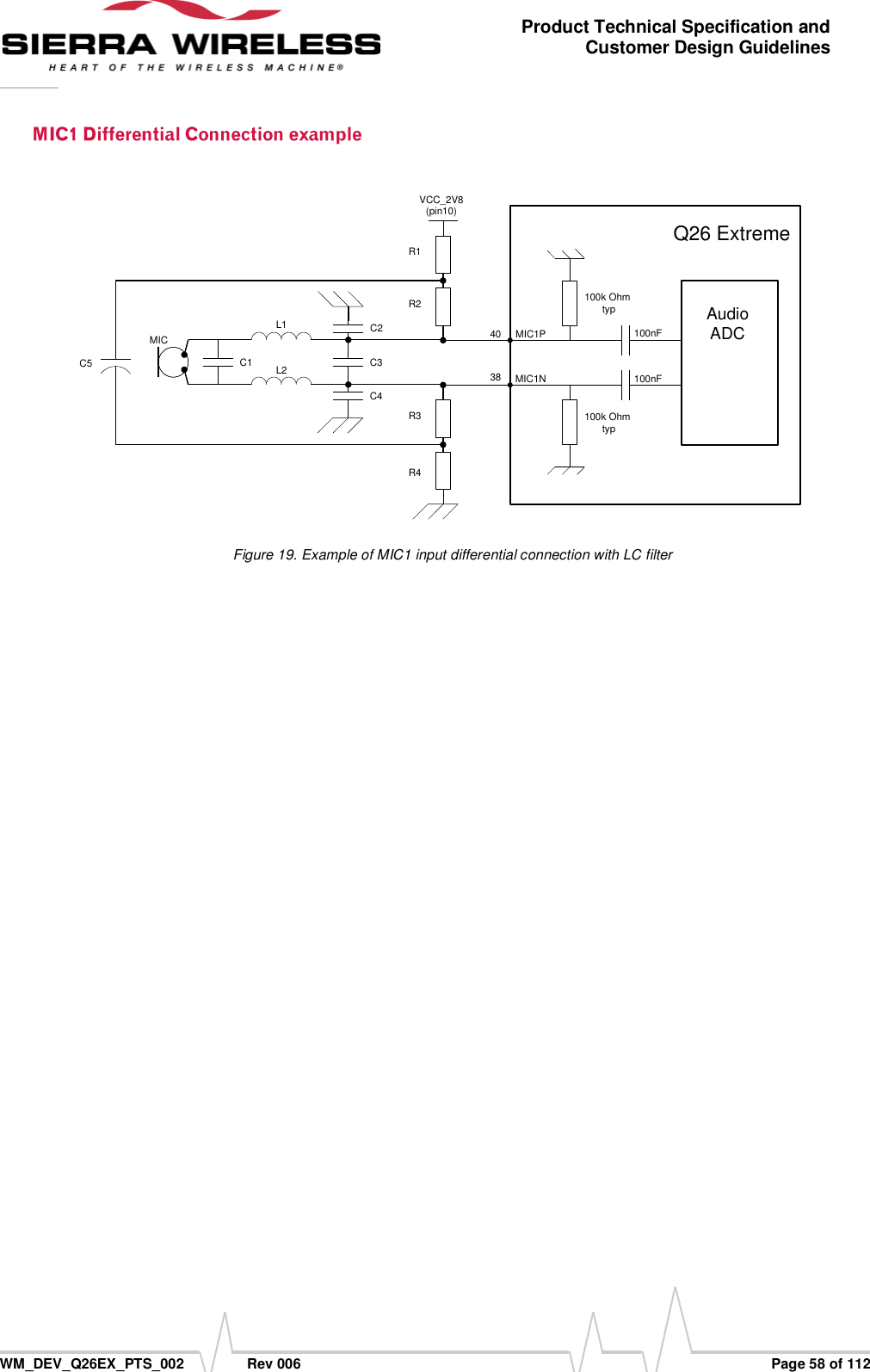      WM_DEV_Q26EX_PTS_002  Rev 006  Page 58 of 112 Product Technical Specification and Customer Design Guidelines  C54038AudioADC100k Ohm typ100k Ohm typ100nF100nFMIC1PMIC1NVCC_2V8(pin10)R3R2R1R4C2C3C1L1L2C4MICQ26 Extreme Figure 19. Example of MIC1 input differential connection with LC filter 