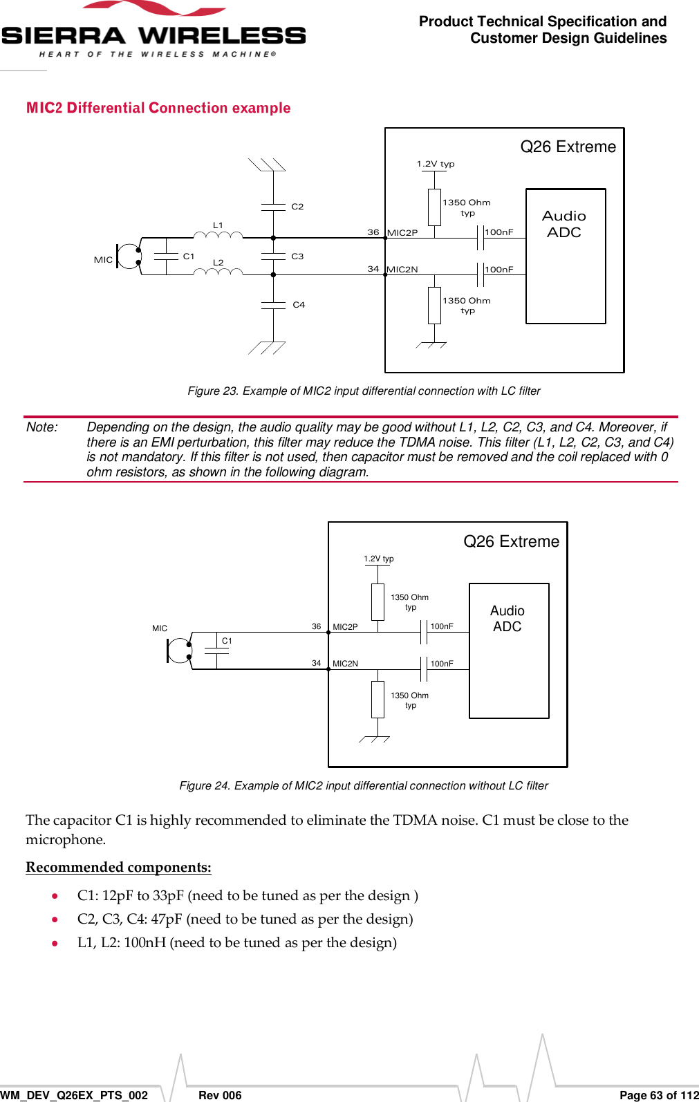      WM_DEV_Q26EX_PTS_002  Rev 006  Page 63 of 112 Product Technical Specification and Customer Design Guidelines C1MIC3634AudioADC1350 Ohm typ1350 Ohm typ1.2V typ100nF100nFMIC2PMIC2NC2C3C4L1L2Q26 Extreme Figure 23. Example of MIC2 input differential connection with LC filter Note:   Depending on the design, the audio quality may be good without L1, L2, C2, C3, and C4. Moreover, if there is an EMI perturbation, this filter may reduce the TDMA noise. This filter (L1, L2, C2, C3, and C4) is not mandatory. If this filter is not used, then capacitor must be removed and the coil replaced with 0 ohm resistors, as shown in the following diagram.   C1MIC 3634AudioADC1350 Ohm typ1350 Ohm typ1.2V typ100nF100nFMIC2PMIC2NQ26 Extreme Figure 24. Example of MIC2 input differential connection without LC filter The capacitor C1 is highly recommended to eliminate the TDMA noise. C1 must be close to the microphone. Recommended components:  C1: 12pF to 33pF (need to be tuned as per the design )  C2, C3, C4: 47pF (need to be tuned as per the design)  L1, L2: 100nH (need to be tuned as per the design) 