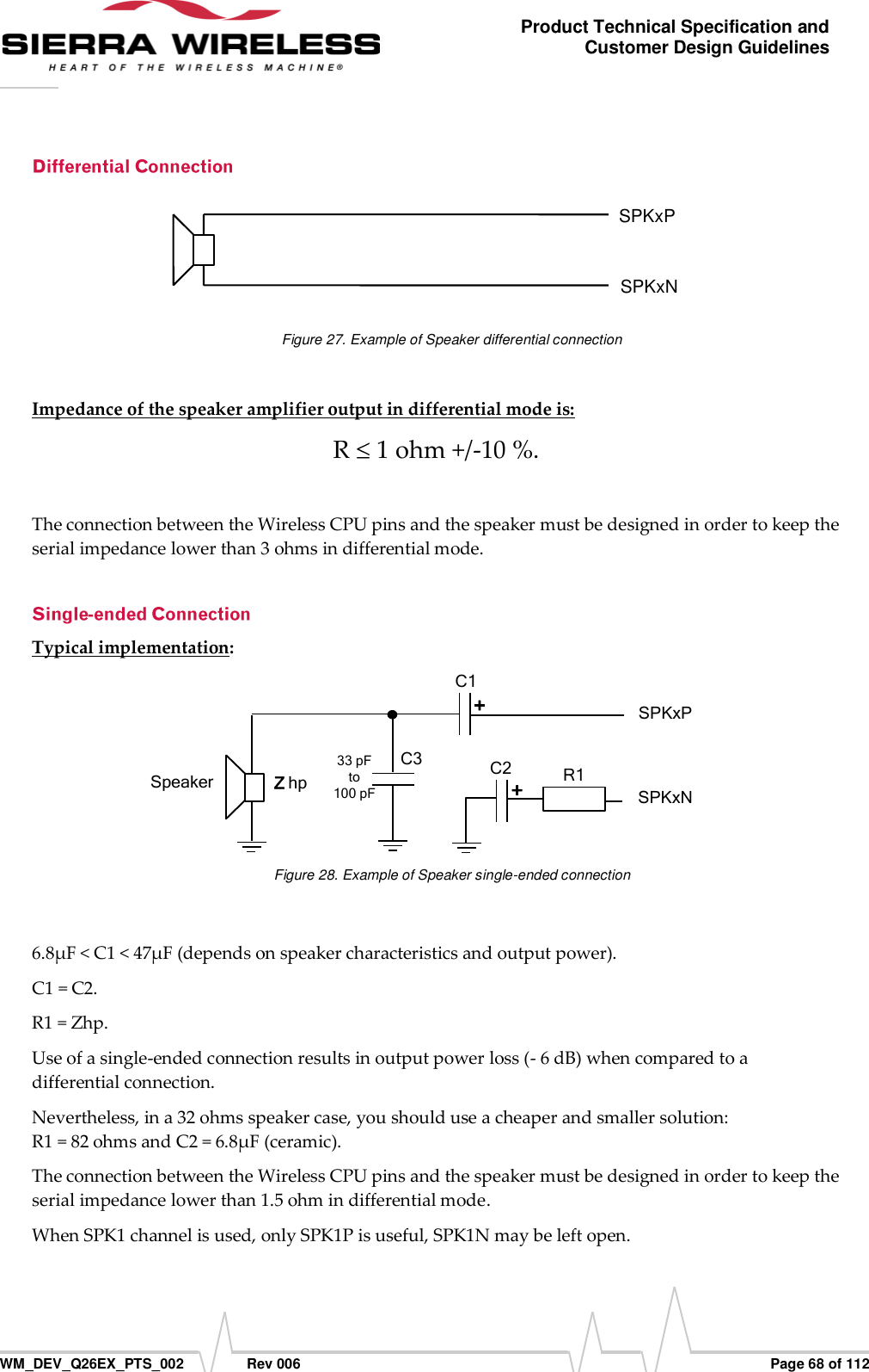      WM_DEV_Q26EX_PTS_002  Rev 006  Page 68 of 112 Product Technical Specification and Customer Design Guidelines  SPKxP SPKxN  Figure 27. Example of Speaker differential connection  Impedance of the speaker amplifier output in differential mode is: R   1 ohm +/-10 %.  The connection between the Wireless CPU pins and the speaker must be designed in order to keep the serial impedance lower than 3 ohms in differential mode. Typical implementation:  SPKxP C1 + SPKxN  C2  + Zhp   Speaker  C3 33 pFto100 pF R1  Figure 28. Example of Speaker single-ended connection  6.8µF &lt; C1 &lt; 47µF (depends on speaker characteristics and output power). C1 = C2. R1 = Zhp. Use of a single-ended connection results in output power loss (- 6 dB) when compared to a differential connection. Nevertheless, in a 32 ohms speaker case, you should use a cheaper and smaller solution:  R1 = 82 ohms and C2 = 6.8µF (ceramic). The connection between the Wireless CPU pins and the speaker must be designed in order to keep the serial impedance lower than 1.5 ohm in differential mode. When SPK1 channel is used, only SPK1P is useful, SPK1N may be left open. 