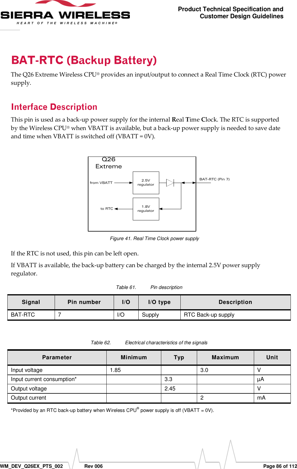      WM_DEV_Q26EX_PTS_002  Rev 006  Page 86 of 112 Product Technical Specification and Customer Design Guidelines The Q26 Extreme Wireless CPU® provides an input/output to connect a Real Time Clock (RTC) power supply. This pin is used as a back-up power supply for the internal Real Time Clock. The RTC is supported by the Wireless CPU® when VBATT is available, but a back-up power supply is needed to save date and time when VBATT is switched off (VBATT = 0V).  2.5V regulator1.8V regulatorfrom VBATTto RTCQ26 ExtremeBAT-RTC (Pin 7) Figure 41. Real Time Clock power supply If the RTC is not used, this pin can be left open. If VBATT is available, the back-up battery can be charged by the internal 2.5V power supply regulator. Table 61.  Pin description Signal Pin number I/O I/O type Description BAT-RTC 7 I/O Supply RTC Back-up supply  Table 62.  Electrical characteristics of the signals Parameter Minimum Typ Maximum Unit Input voltage 1.85  3.0 V Input current consumption*  3.3  µA Output voltage  2.45  V Output current   2 mA *Provided by an RTC back-up battery when Wireless CPU® power supply is off (VBATT = 0V). 