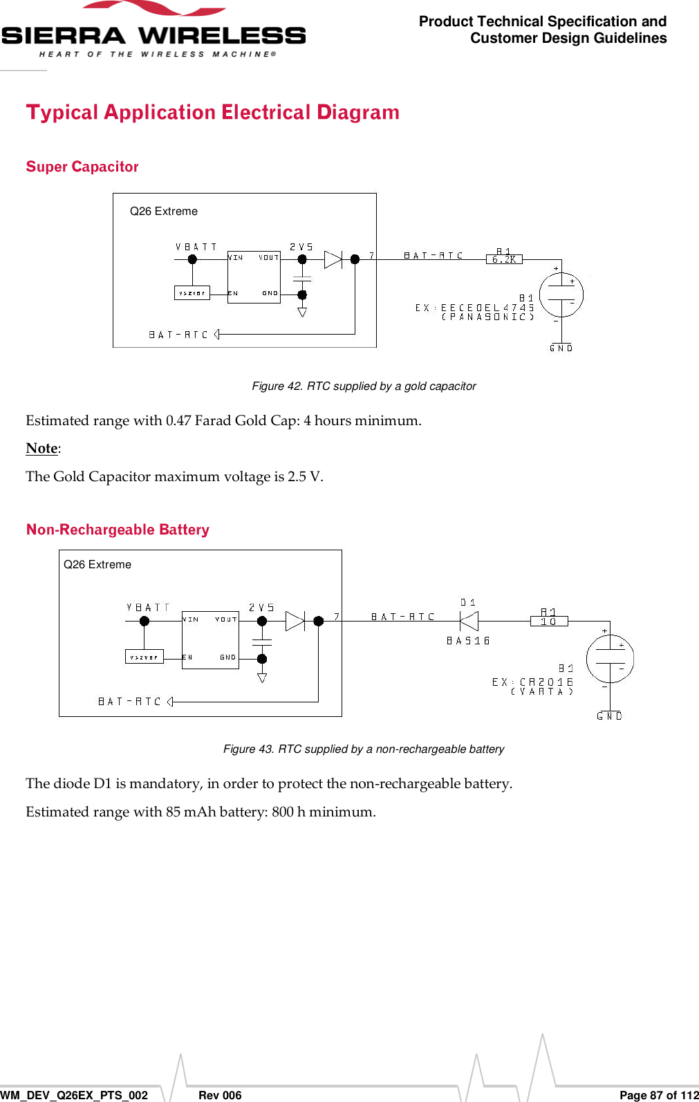      WM_DEV_Q26EX_PTS_002  Rev 006  Page 87 of 112 Product Technical Specification and Customer Design Guidelines  Figure 42. RTC supplied by a gold capacitor Estimated range with 0.47 Farad Gold Cap: 4 hours minimum. Note:  The Gold Capacitor maximum voltage is 2.5 V.  Figure 43. RTC supplied by a non-rechargeable battery The diode D1 is mandatory, in order to protect the non-rechargeable battery. Estimated range with 85 mAh battery: 800 h minimum. Q26 Extreme Q26 Extreme 
