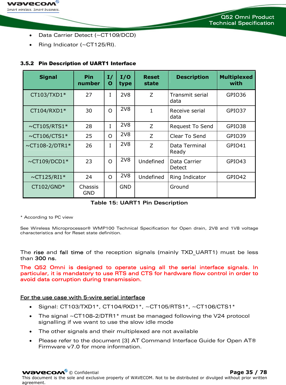  Q52 Omni Product Technical Specification    © Confidential Page 35 / 78 This document is the sole and exclusive property of WAVECOM. Not to be distributed or divulged without prior written agreement.  • Data Carrier Detect (~CT109/DCD) • Ring Indicator (~CT125/RI). 3.5.2 Pin Description of UART1 Interface Table 15: UART1 Pin Description * According to PC view See  Wireless Microprocessor® WMP100 Technical Specification for Open drain, 2V8 and 1V8 voltage characteristics and for Reset state definition.  The  rise  and  fall time of the reception signals (mainly TXD_UART1) must be less than 300 ns. The Q52 Omni is designed to operate using all the serial interface signals. In particular, it is mandatory to use RTS and CTS for hardware flow control in order to avoid data corruption during transmission.  For the use case with 5-wire serial interface  • Signal: CT103/TXD1*, CT104/RXD1*, ~CT105/RTS1*, ~CT106/CTS1* • The signal ~CT108-2/DTR1* must be managed following the V24 protocol signalling if we want to use the slow idle mode  • The other signals and their multiplexed are not available • Please refer to the document [3] AT Command Interface Guide for Open AT® Firmware v7.0 for more information.  Signal  Pin number I/O I/O type Reset state Description  Multiplexed with CT103/TXD1* 27 I 2V8 Z Transmit serial data GPIO36 CT104/RXD1* 30 O 2V8  1 Receive serial data GPIO37 ~CT105/RTS1* 28 I 2V8  Z Request To Send GPIO38 ~CT106/CTS1* 25 O 2V8  Z  Clear To Send  GPIO39 ~CT108-2/DTR1* 26  I 2V8  Z Data Terminal Ready GPIO41 ~CT109/DCD1* 23 O 2V8  Undefined Data Carrier Detect GPIO43 ~CT125/RI1* 24 O 2V8  Undefined Ring Indicator  GPIO42 CT102/GND* Chassis GND  GND  Ground   