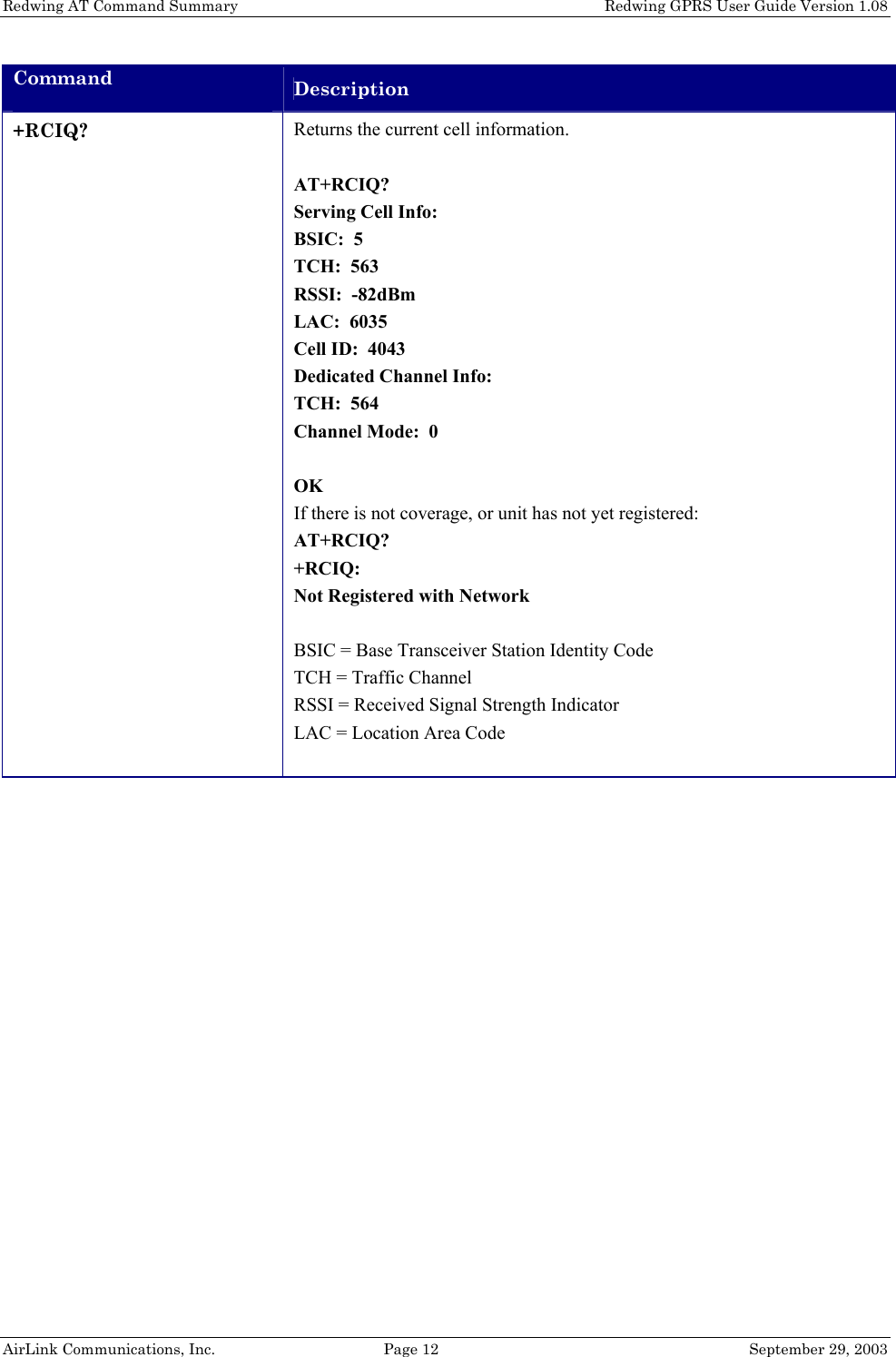 Redwing AT Command Summary    Redwing GPRS User Guide Version 1.08 AirLink Communications, Inc.  Page 12  September 29, 2003 Command  Description +RCIQ?  Returns the current cell information.  AT+RCIQ? Serving Cell Info: BSIC:  5 TCH:  563 RSSI:  -82dBm LAC:  6035 Cell ID:  4043 Dedicated Channel Info: TCH:  564 Channel Mode:  0  OK If there is not coverage, or unit has not yet registered: AT+RCIQ? +RCIQ: Not Registered with Network  BSIC = Base Transceiver Station Identity Code TCH = Traffic Channel RSSI = Received Signal Strength Indicator LAC = Location Area Code   