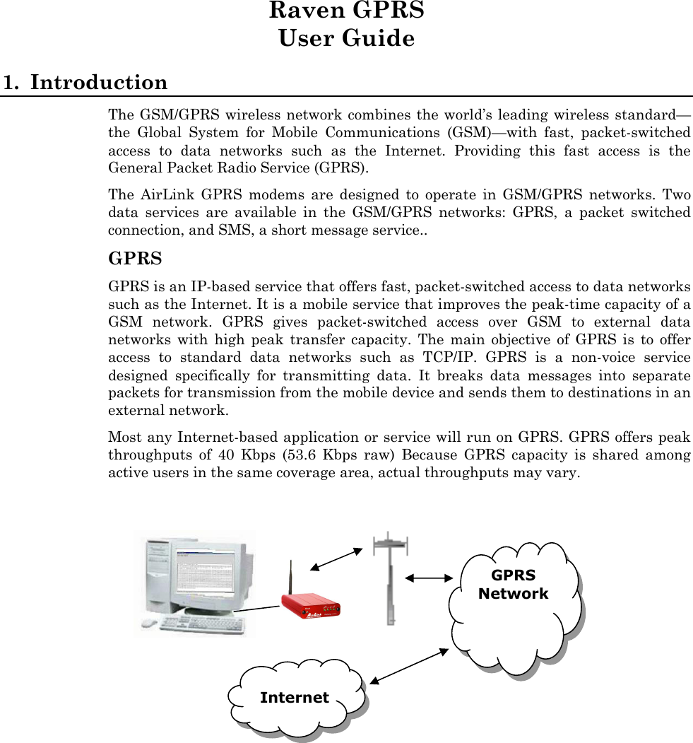  Raven GPRS User Guide 1. Introduction The GSM/GPRS wireless network combines the world’s leading wireless standard—the Global System for Mobile Communications (GSM)—with fast, packet-switched access to data networks such as the Internet. Providing this fast access is the General Packet Radio Service (GPRS). The AirLink GPRS modems are designed to operate in GSM/GPRS networks. Two data services are available in the GSM/GPRS networks: GPRS, a packet switched connection, and SMS, a short message service.. GPRS GPRS is an IP-based service that offers fast, packet-switched access to data networks such as the Internet. It is a mobile service that improves the peak-time capacity of a GSM network. GPRS gives packet-switched access over GSM to external data networks with high peak transfer capacity. The main objective of GPRS is to offer access to standard data networks such as TCP/IP. GPRS is a non-voice service designed specifically for transmitting data. It breaks data messages into separate packets for transmission from the mobile device and sends them to destinations in an external network. Most any Internet-based application or service will run on GPRS. GPRS offers peak throughputs of 40 Kbps (53.6 Kbps raw) Because GPRS capacity is shared among active users in the same coverage area, actual throughputs may vary.   GPRS Network    Internet 