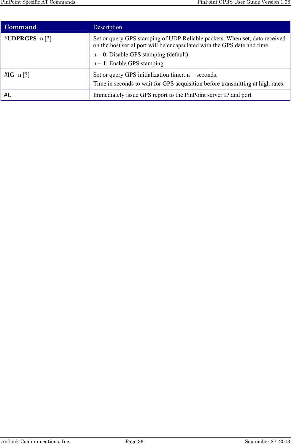 PinPoint Specific AT Commands    PinPoint GPRS User Guide Version 1.08 AirLink Communications, Inc.  Page 36  September 27, 2003 Command Description *UDPRGPS=n [?]  Set or query GPS stamping of UDP Reliable packets. When set, data received on the host serial port will be encapsulated with the GPS date and time. n = 0: Disable GPS stamping (default) n = 1: Enable GPS stamping #IG=n [?]  Set or query GPS initialization timer. n = seconds.  Time in seconds to wait for GPS acquisition before transmitting at high rates. #U  Immediately issue GPS report to the PinPoint server IP and port  