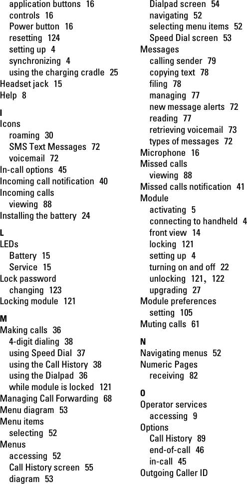 application buttons  16controls  16Power button  16resetting  124setting up  4synchronizing  4using the charging cradle  25Headset jack  15Help  8IIconsroaming  30SMS Text Messages  72voicemail  72In-call options  45Incoming call notification  40Incoming callsviewing  88Installing the battery  24LLEDsBattery  15Service  15Lock passwordchanging  123Locking module  121MMaking calls  364-digit dialing  38using Speed Dial  37using the Call History  38using the Dialpad  36while module is locked  121Managing Call Forwarding  68Menu diagram  53Menu itemsselecting  52Menusaccessing  52Call History screen  55diagram  53Dialpad screen  54navigating  52selecting menu items  52Speed Dial screen  53Messagescalling sender  79copying text  78filing  78managing  77new message alerts  72reading  77retrieving voicemail  73types of messages  72Microphone  16Missed callsviewing  88Missed calls notification  41Moduleactivating  5connecting to handheld  4front view  14locking  121setting up  4turning on and off  22unlocking  121,  122upgrading  27Module preferencessetting  105Muting calls  61NNavigating menus  52Numeric Pagesreceiving  82OOperator servicesaccessing  9OptionsCall History  89end-of-call  46in-call  45Outgoing Caller ID