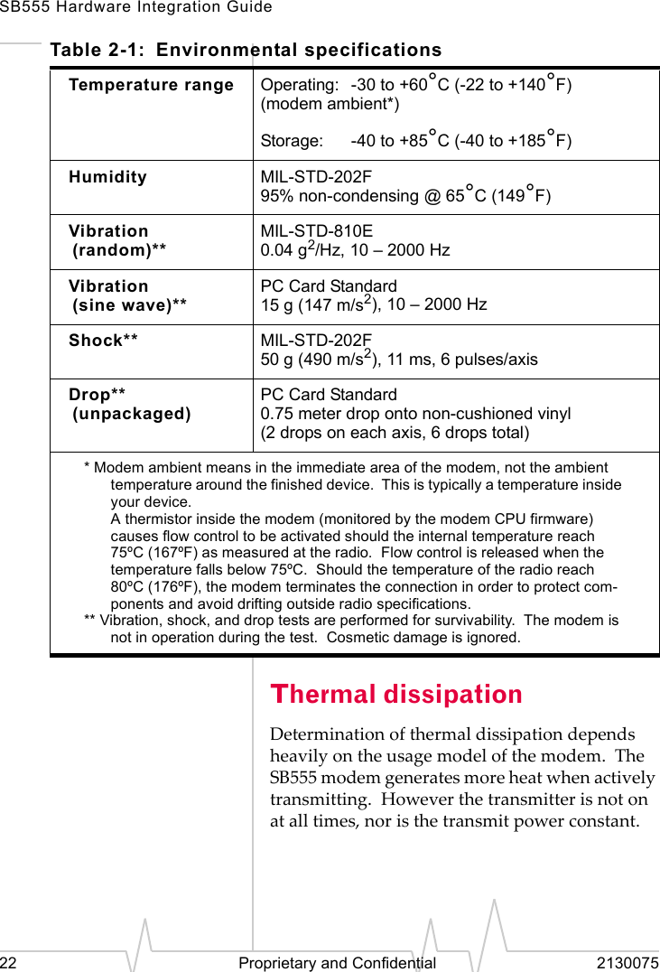 SB555 Hardware Integration Guide22 Proprietary and Confidential 2130075Thermal dissipationDetermination of thermal dissipation depends heavily on the usage model of the modem.  The SB555 modem generates more heat when actively transmitting.  However the transmitter is not on at all times, nor is the transmit power constant.Table 2-1: Environmental specificationsTemperature range Operating: -30 to +60°C (-22 to +140°F)(modem ambient*)Storage: -40 to +85°C (-40 to +185°F)Humidity MIL-STD-202F95% non-condensing @ 65°C (149°F)Vibration (random)**MIL-STD-810E0.04 g2/Hz, 10 – 2000 HzVibration(sine wave)**PC Card Standard15 g (147 m/s2), 10 – 2000 HzShock** MIL-STD-202F50 g (490 m/s2), 11 ms, 6 pulses/axisDrop** (unpackaged)PC Card Standard0.75 meter drop onto non-cushioned vinyl(2 drops on each axis, 6 drops total)* Modem ambient means in the immediate area of the modem, not the ambient temperature around the finished device.  This is typically a temperature inside your device.A thermistor inside the modem (monitored by the modem CPU firmware) causes flow control to be activated should the internal temperature reach 75ºC (167ºF) as measured at the radio.  Flow control is released when the temperature falls below 75ºC.  Should the temperature of the radio reach 80ºC (176ºF), the modem terminates the connection in order to protect com-ponents and avoid drifting outside radio specifications.** Vibration, shock, and drop tests are performed for survivability.  The modem is not in operation during the test.  Cosmetic damage is ignored.
