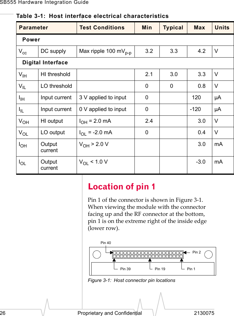 SB555 Hardware Integration Guide26 Proprietary and Confidential 2130075Location of pin 1Pin 1 of the connector is shown in Figure 3-1.  When viewing the module with the connector facing up and the RF connector at the bottom, pin 1 is on the extreme right of the inside edge (lower row).Figure 3-1: Host connector pin locationsTable 3-1: Host interface electrical characteristicsParameter Test Conditions Min Typical Max UnitsPowerVcc DC supply Max ripple 100 mVp-p 3.2 3.3 4.2 VDigital InterfaceVIH HI threshold 2.1 3.0 3.3 VVIL LO threshold 0 0 0.8 VIIH Input current 3 V applied to input 0120 µAIIL Input current 0 V applied to input 0-120 µAVOH HI output IOH = 2.0 mA 2.4 3.0 VVOL LO output IOL = -2.0 mA 00.4 VIOH Output currentVOH &gt; 2.0 V 3.0 mAIOL Output currentVOL &lt; 1.0 V -3.0 mAPin 1Pin 2Pin 19Pin 39Pin 40