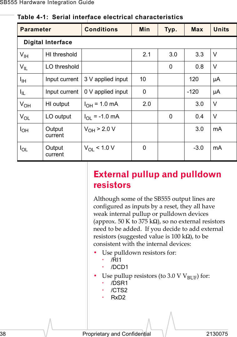 SB555 Hardware Integration Guide38 Proprietary and Confidential 2130075External pullup and pulldown resistorsAlthough some of the SB555 output lines are configured as inputs by a reset, they all have weak internal pullup or pulldown devices (approx. 50 K to 375 kΩ), so no external resistors need to be added.  If you decide to add external resistors (suggested value is 100 kΩ), to be consistent with the internal devices:•Use pulldown resistors for:·/RI1·/DCD1•Use pullup resistors (to 3.0 V VBUF) for:·/DSR1·/CTS2·RxD2Table 4-1: Serial interface electrical characteristicsParameter Conditions Min Typ. Max UnitsDigital InterfaceVIH HI threshold 2.1 3.0 3.3 VVIL LO threshold 00.8 VIIH Input current 3 V applied input 10 120 µAIIL Input current 0 V applied input 0-120 µAVOH HI output IOH = 1.0 mA 2.0 3.0 VVOL LO output IOL = -1.0 mA 00.4 VIOH Output currentVOH &gt; 2.0 V 3.0 mAIOL Output currentVOL &lt; 1.0 V 0-3.0 mA