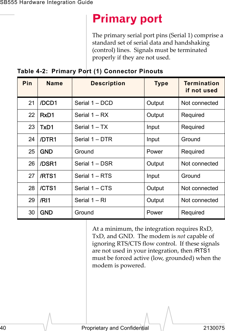 SB555 Hardware Integration Guide40 Proprietary and Confidential 2130075Primary portThe primary serial port pins (Serial 1) comprise a standard set of serial data and handshaking (control) lines.  Signals must be terminated properly if they are not used.At a minimum, the integration requires RxD, TxD, and GND.  The modem is not capable of ignoring RTS/CTS flow control.  If these signals are not used in your integration, then /RTS1 must be forced active (low, grounded) when the modem is powered.Table 4-2: Primary Port (1) Connector PinoutsPin Name Description Type Termination if not used21 /DCD1 Serial 1 – DCD Output Not connected22 RxD1 Serial 1 – RX Output Required23 TxD1 Serial 1 – TX Input Required24 /DTR1 Serial 1 – DTR Input Ground25 GND Ground Power Required26 /DSR1 Serial 1 – DSR Output Not connected27 /RTS1 Serial 1 – RTS Input Ground28 /CTS1 Serial 1 – CTS Output Not connected29 /RI1 Serial 1 – RI Output Not connected30 GND Ground Power Required