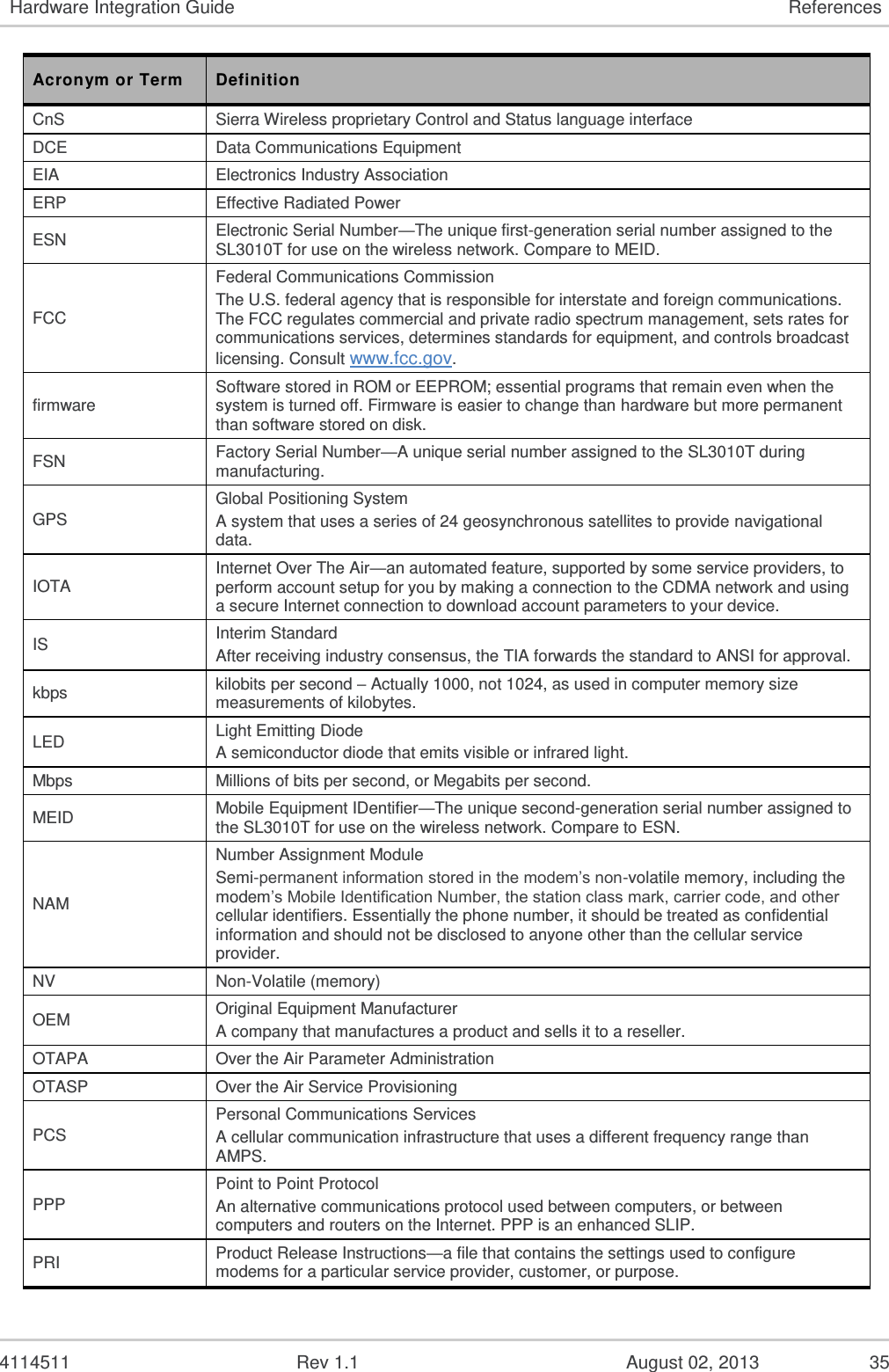   4114511  Rev 1.1  August 02, 2013  33 Hardware Integration Guide Regulatory Approval 4. A label must be affixed to the outside of the end product into which the SL3010T modem is incorporated, with a statement similar to the following: This device contains FCC ID: N7NSL5011 5. A user manual with the end product must clearly indicate the operating requirements and conditions that must be observed to ensure compliance with current FCC/IC RF exposure guidelines.  The end product with an embedded SL3010T modem may also need to pass the FCC Part 15 unintentional emission testing requirements and be properly authorized. Note:   If this module is intended for use in a portable device, you are responsible for separate approval to satisfy the SAR requirements of FCC Part 2.1093 and IC RSS-102. 6.2.  Integration Requirements When integrating the SL3010T, the following items need to be addressed:  Mounting, and its effect on temperature, shock, and vibration performance  Power supply, and the impact on battery drain and possible RF interference  Antenna location and type, and their impact on RF performance  Regulatory approvals, as described in this section  Service provisioning, manufacturing process  Software, as described in document [1] AirPrime SL3010T Product Technical Specification and Customer Design Guidelines  Host interface, compliance with interface voltage levels Note:   Sierra Wireless provides guidelines for successful integration of the SL3010T in the document suite; and also offers integration support services as necessary. 