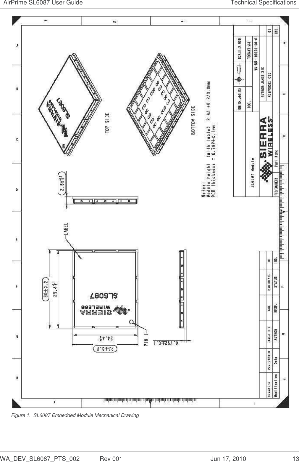  WA_DEV_SL6087_PTS_002  Rev 001  Jun 17, 2010  13 AirPrime SL6087 User Guide Technical Specifications  Figure 1.  SL6087 Embedded Module Mechanical Drawing 