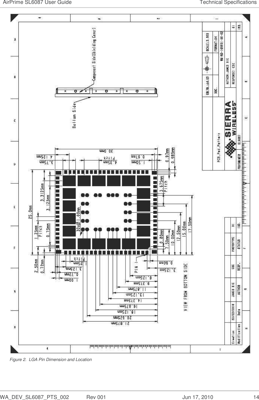  WA_DEV_SL6087_PTS_002  Rev 001  Jun 17, 2010  14 AirPrime SL6087 User Guide Technical Specifications  Figure 2.  LGA Pin Dimension and Location 