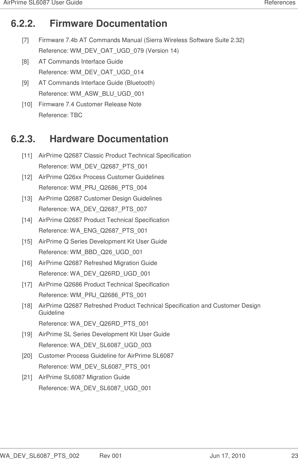   WA_DEV_SL6087_PTS_002  Rev 001  Jun 17, 2010  23 AirPrime SL6087 User Guide References 6.2.2.  Firmware Documentation [7] Firmware 7.4b AT Commands Manual (Sierra Wireless Software Suite 2.32) Reference: WM_DEV_OAT_UGD_079 (Version 14) [8] AT Commands Interface Guide Reference: WM_DEV_OAT_UGD_014 [9] AT Commands Interface Guide (Bluetooth) Reference: WM_ASW_BLU_UGD_001 [10] Firmware 7.4 Customer Release Note Reference: TBC 6.2.3.  Hardware Documentation [11] AirPrime Q2687 Classic Product Technical Specification Reference: WM_DEV_Q2687_PTS_001 [12] AirPrime Q26xx Process Customer Guidelines Reference: WM_PRJ_Q2686_PTS_004 [13] AirPrime Q2687 Customer Design Guidelines Reference: WA_DEV_Q2687_PTS_007 [14] AirPrime Q2687 Product Technical Specification Reference: WA_ENG_Q2687_PTS_001 [15] AirPrime Q Series Development Kit User Guide Reference: WM_BBD_Q26_UGD_001 [16] AirPrime Q2687 Refreshed Migration Guide Reference: WA_DEV_Q26RD_UGD_001 [17] AirPrime Q2686 Product Technical Specification Reference: WM_PRJ_Q2686_PTS_001 [18] AirPrime Q2687 Refreshed Product Technical Specification and Customer Design Guideline Reference: WA_DEV_Q26RD_PTS_001 [19] AirPrime SL Series Development Kit User Guide Reference: WA_DEV_SL6087_UGD_003 [20] Customer Process Guideline for AirPrime SL6087 Reference: WM_DEV_SL6087_PTS_001 [21] AirPrime SL6087 Migration Guide Reference: WA_DEV_SL6087_UGD_001 
