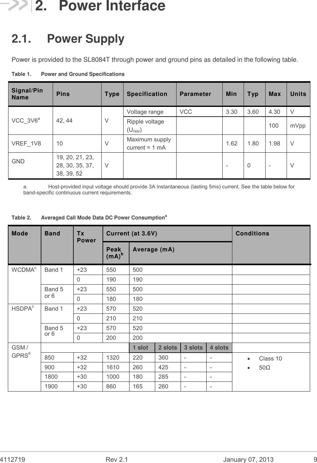  4112719  Rev 2.1  January 07, 2013  9 2.  Power Interface 2.1.  Power Supply Power is provided to the SL8084T through power and ground pins as detailed in the following table. Table 1.  Power and Ground Specifications Signal/Pin Name Pins Type Specification Parameter Min Typ Max Units VCC_3V6a 42, 44 V Voltage range VCC 3.30 3.60 4.30 V Ripple voltage (Uripp)    100 mVpp VREF_1V8  10 V  Maximum supply current = 1 mA  1.62 1.80 1.98 V GND  19, 20, 21, 23, 28, 30, 35, 37, 38, 39, 52 V    - 0 - V a.    Host-provided input voltage should provide 3A instantaneous (lasting 5ms) current. See the table below for band-specific continuous current requirements.  Table 2.  Averaged Call Mode Data DC Power Consumptiona Mode Band Tx Power Current (at 3.6V) Conditions Peak (mA)b Average (mA) WCDMAc Band 1 +23 550 500  0 190 190  Band 5 or 6 +23 550 500  0 180 180  HSDPAc Band 1 +23 570 520  0 210 210  Band 5 +23 570 520  0 200 200  GSM / GPRSd  1 slot 2 slots 3 slots 4 slots  850 +32 1320 220 360 - -   Class 10  50Ω 900 +32 1610 260 425 - - 1800 +30 1000 180 285 - - 1900 +30 860 165 260 - - or 6 