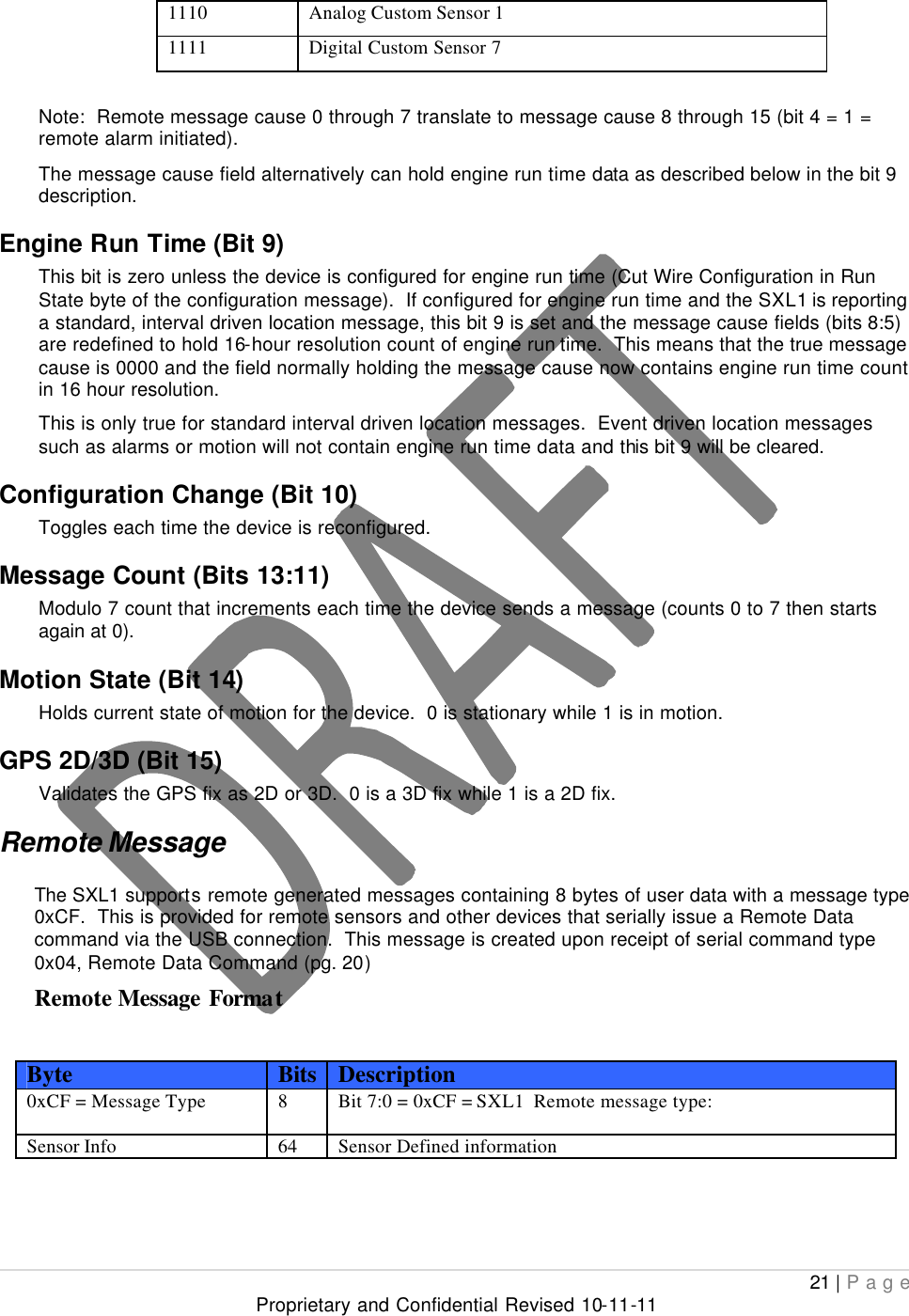  21 | Page Proprietary and Confidential Revised 10-11-11  1110 Analog Custom Sensor 1 1111 Digital Custom Sensor 7  Note:  Remote message cause 0 through 7 translate to message cause 8 through 15 (bit 4 = 1 = remote alarm initiated).   The message cause field alternatively can hold engine run time data as described below in the bit 9 description. Engine Run Time (Bit 9) This bit is zero unless the device is configured for engine run time (Cut Wire Configuration in Run State byte of the configuration message).  If configured for engine run time and the SXL1 is reporting a standard, interval driven location message, this bit 9 is set and the message cause fields (bits 8:5) are redefined to hold 16-hour resolution count of engine run time.  This means that the true message cause is 0000 and the field normally holding the message cause now contains engine run time count in 16 hour resolution. This is only true for standard interval driven location messages.  Event driven location messages such as alarms or motion will not contain engine run time data and this bit 9 will be cleared. Configuration Change (Bit 10) Toggles each time the device is reconfigured. Message Count (Bits 13:11) Modulo 7 count that increments each time the device sends a message (counts 0 to 7 then starts again at 0). Motion State (Bit 14) Holds current state of motion for the device.  0 is stationary while 1 is in motion. GPS 2D/3D (Bit 15) Validates the GPS fix as 2D or 3D.  0 is a 3D fix while 1 is a 2D fix. Remote Message The SXL1 supports remote generated messages containing 8 bytes of user data with a message type 0xCF.  This is provided for remote sensors and other devices that serially issue a Remote Data command via the USB connection.  This message is created upon receipt of serial command type 0x04, Remote Data Command (pg. 20) Remote Message Format Byte Bits Description 0xCF = Message Type 8 Bit 7:0 = 0xCF = SXL1  Remote message type:  Sensor Info 64  Sensor Defined information 