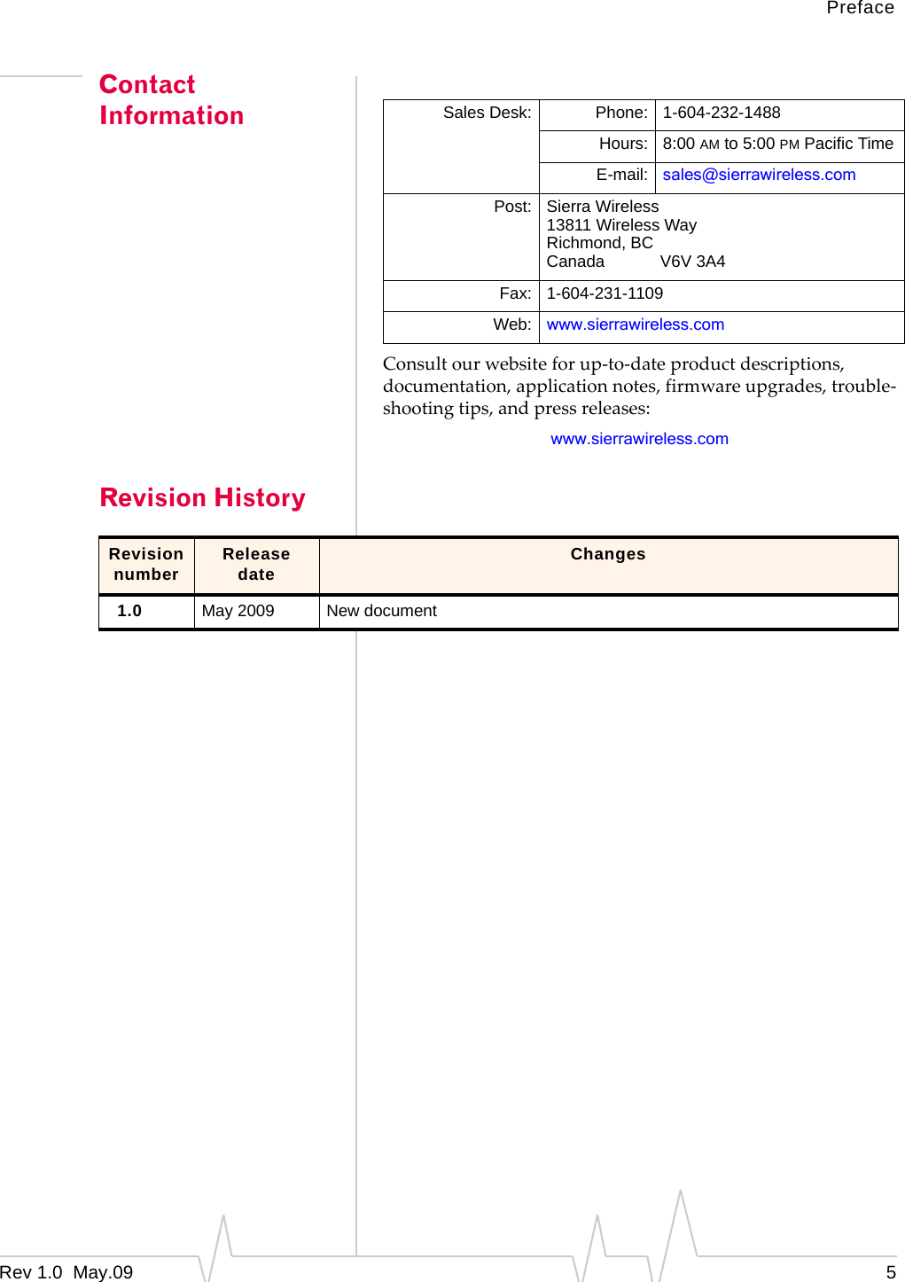 PrefaceRev 1.0  May.09 5Contact InformationConsultourwebsiteforup‐to‐dateproductdescriptions,documentation,applicationnotes,firmwareupgrades,trouble‐shootingtips,andpressreleases:www.sierrawireless.comRevision HistorySales Desk: Phone: 1-604-232-1488Hours: 8:00 AM to 5:00 PM Pacific TimeE-mail: sales@sierrawireless.comPost: Sierra Wireless13811 Wireless WayRichmond, BCCanada            V6V 3A4Fax: 1-604-231-1109Web: www.sierrawireless.comRevision number Release date Changes1.0 May 2009 New document