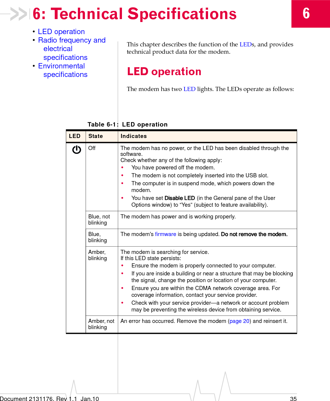 Document 2131176. Rev 1.1  Jan.10 3566: Technical Specifications•LED operation•Radio frequency and electrical specifications•Environmental specificationsThischapterdescribesthefunctionoftheLEDs,andprovidestechnicalproductdataforthemodem.LED operationThemodemhastwoLEDlights.TheLEDsoperateasfollows:Table 6-1: LED operationLED State IndicatesOff The modem has no power, or the LED has been disabled through the software.Check whether any of the following apply:•You have powered off the modem.•The modem is not completely inserted into the USB slot.•The computer is in suspend mode, which powers down the modem.•You have set Disable LED (in the General pane of the User Options window) to “Yes” (subject to feature availability).Blue, not blinking The modem has power and is working properly.Blue, blinking The modem’s firmware is being updated. Do not remove the modem.Amber, blinking The modem is searching for service.If this LED state persists:•Ensure the modem is properly connected to your computer.•If you are inside a building or near a structure that may be blocking the signal, change the position or location of your computer.•Ensure you are within the CDMA network coverage area. For coverage information, contact your service provider.•Check with your service provider—a network or account problem may be preventing the wireless device from obtaining service.Amber, not blinking An error has occurred. Remove the modem (page 20) and reinsert it.