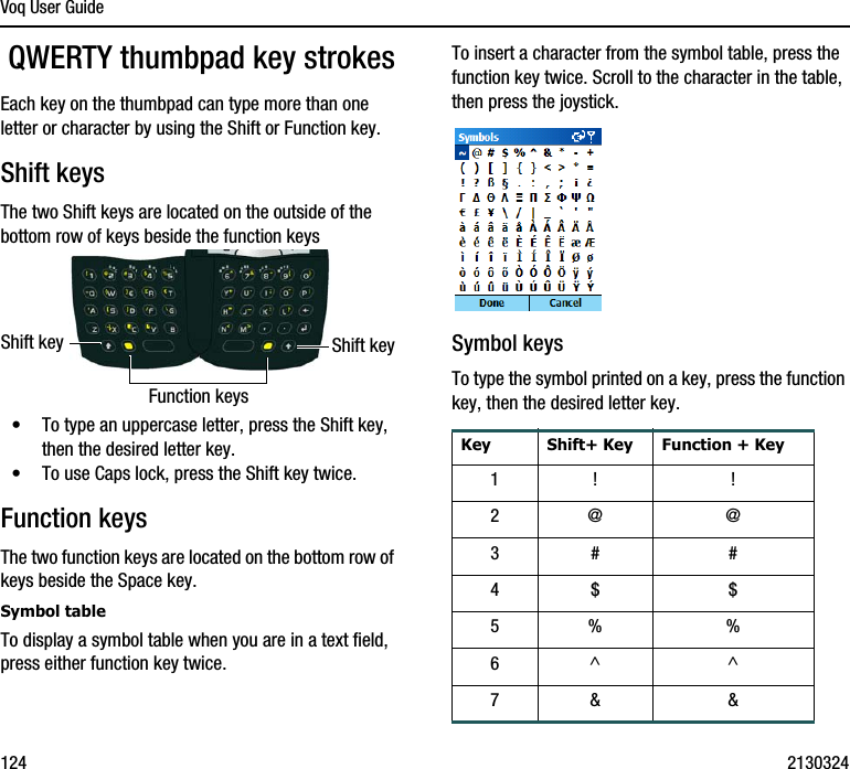 Voq User Guide124 2130324 QWERTY thumbpad key strokesEach key on the thumbpad can type more than one letter or character by using the Shift or Function key.Shift keysThe two Shift keys are located on the outside of the bottom row of keys beside the function keys •To type an uppercase letter, press the Shift key, then the desired letter key. •To use Caps lock, press the Shift key twice. Function keysThe two function keys are located on the bottom row of keys beside the Space key.Symbol tableTo display a symbol table when you are in a text field, press either function key twice. To insert a character from the symbol table, press the function key twice. Scroll to the character in the table, then press the joystick.Symbol keysTo type the symbol printed on a key, press the function key, then the desired letter key.Shift keyFunction keysShift keyKey Shift+ Key Function + Key1! !2@ @3# #4$ $5% %6^ ^7&amp; &amp;
