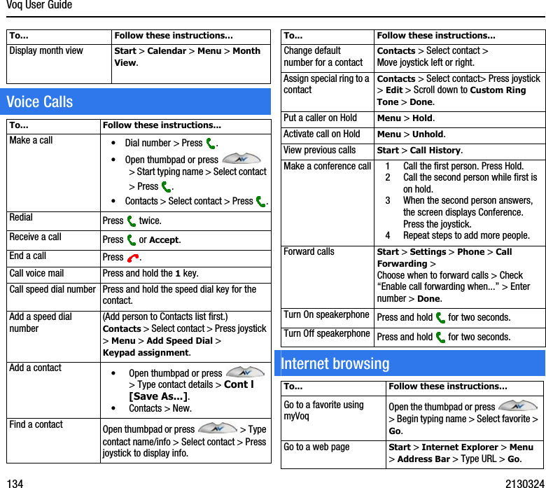 Voq User Guide134 2130324To... Follow these instructions...Display month view Start &gt; Calendar &gt; Menu &gt; Month View.To... Follow these instructions...Make a call •Dial number &gt; Press  .•Open thumbpad or press   &gt; Start typing name &gt; Select contact &gt; Press  .•Contacts &gt; Select contact &gt; Press  .Redial Press  twice.Receive a call Press  or Accept.End a call Press .Call voice mail Press and hold the 1 key.Call speed dial number Press and hold the speed dial key for the contact.Add a speed dial number(Add person to Contacts list first.)Contacts &gt; Select contact &gt; Press joystick &gt; Menu &gt; Add Speed Dial &gt; Keypad assignment.Add a contact •Open thumbpad or press   &gt; Type contact details &gt; Cont l [Save As...].•Contacts &gt; New. Find a contact Open thumbpad or press   &gt; Type contact name/info &gt; Select contact &gt; Press joystick to display info.Voice CallsTo... Follow these instructions...Change default number for a contactContacts &gt; Select contact &gt;Move joystick left or right.Assign special ring to a contactContacts &gt; Select contact&gt; Press joystick &gt; Edit &gt; Scroll down to Custom Ring Tone &gt; Done.Put a caller on Hold Menu &gt; Hold.Activate call on Hold Menu &gt; Unhold.View previous calls Start &gt; Call History.Make a conference call 1Call the first person. Press Hold.2Call the second person while first is on hold. 3When the second person answers, the screen displays Conference. Press the joystick.4Repeat steps to add more people.Forward calls Start &gt; Settings &gt; Phone &gt; Call Forwarding &gt; Choose when to forward calls &gt; Check “Enable call forwarding when...” &gt; Enter number &gt; Done.Turn On speakerphone Press and hold   for two seconds.Turn Off speakerphone Press and hold   for two seconds.To... Follow these instructions...Go to a favorite using myVoq Open the thumbpad or press   &gt; Begin typing name &gt; Select favorite &gt; Go.Go to a web page Start &gt; Internet Explorer &gt; Menu &gt; Address Bar &gt; Type URL &gt; Go.Internet browsing