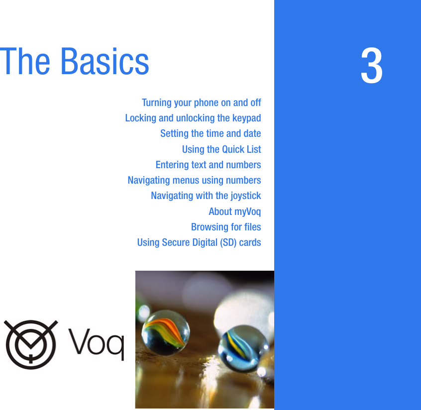 3The BasicsTurning your phone on and offLocking and unlocking the keypadSetting the time and dateUsing the Quick ListEntering text and numbersNavigating menus using numbersNavigating with the joystickAbout myVoqBrowsing for filesUsing Secure Digital (SD) cards