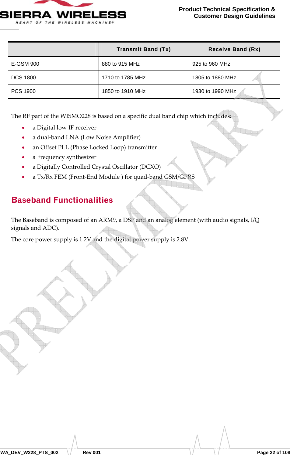      WA_DEV_W228_PTS_002 Rev 001  Page 22 of 108 Product Technical Specification &amp; Customer Design Guidelines  Transmit Band (Tx)  Receive Band (Rx) E-GSM 900  880 to 915 MHz  925 to 960 MHz DCS 1800  1710 to 1785 MHz  1805 to 1880 MHz PCS 1900  1850 to 1910 MHz  1930 to 1990 MHz  TheRFpartoftheWISMO228isbasedonaspecificdualbandchipwhichincludes:• aDigitallow‐IFreceiver• adual‐bandLNA(LowNoiseAmplifier)• anOffsetPLL(PhaseLockedLoop)transmitter• aFrequencysynthesizer• aDigitallyControlledCrystalOscillator(DCXO)• aTx/RxFEM(Front‐EndModule)forquad‐bandGSM/GPRSBaseband Functionalities TheBasebandiscomposedofanARM9,aDSPandananalogelement(withaudiosignals,I/QsignalsandADC).Thecorepowersupplyis1.2Vandthedigitalpowersupplyis2.8V.   