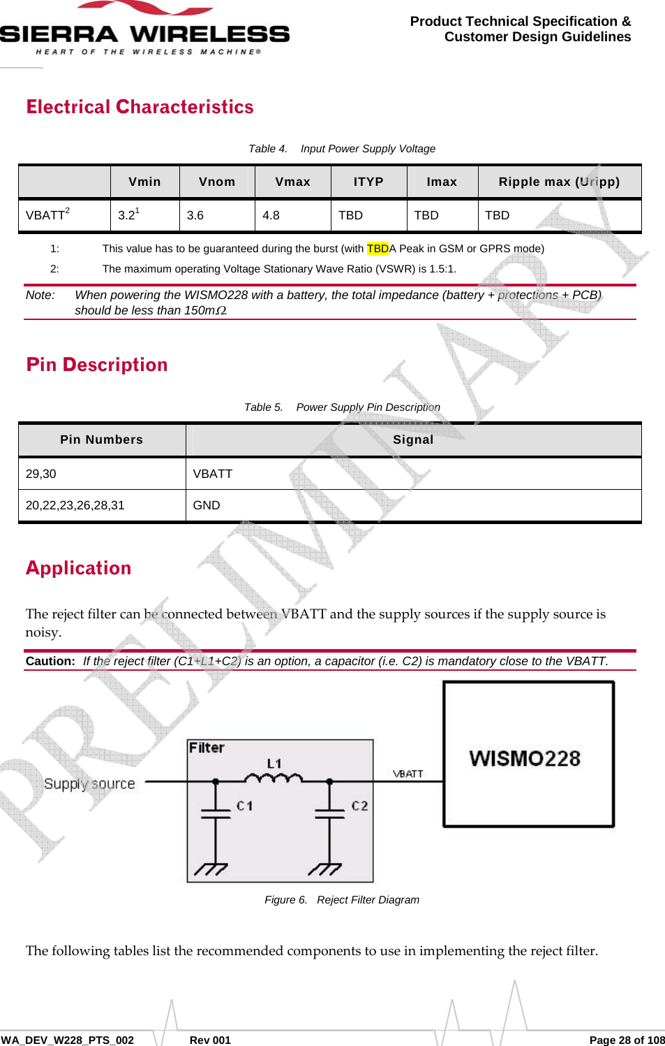      WA_DEV_W228_PTS_002 Rev 001  Page 28 of 108 Product Technical Specification &amp; Customer Design Guidelines Electrical Characteristics Table 4.  Input Power Supply Voltage  Vmin  Vnom  Vmax  ITYP  Imax  Ripple max (Uripp) VBATT2 3.21 3.6 4.8 TBD TBD TBD 1:    This value has to be guaranteed during the burst (with TBDA Peak in GSM or GPRS mode) 2:   The maximum operating Voltage Stationary Wave Ratio (VSWR) is 1.5:1. Note:   When powering the WISMO228 with a battery, the total impedance (battery + protections + PCB) should be less than 150mΩ. Pin Description Table 5.  Power Supply Pin Description Pin Numbers  Signal 29,30 VBATT 20,22,23,26,28,31 GND Application TherejectfiltercanbeconnectedbetweenVBATTandthesupplysourcesifthesupplysourceisnoisy.Caution:  If the reject filter (C1+L1+C2) is an option, a capacitor (i.e. C2) is mandatory close to the VBATT. Figure 6.  Reject Filter Diagram Thefollowingtableslisttherecommendedcomponentstouseinimplementingtherejectfilter.   