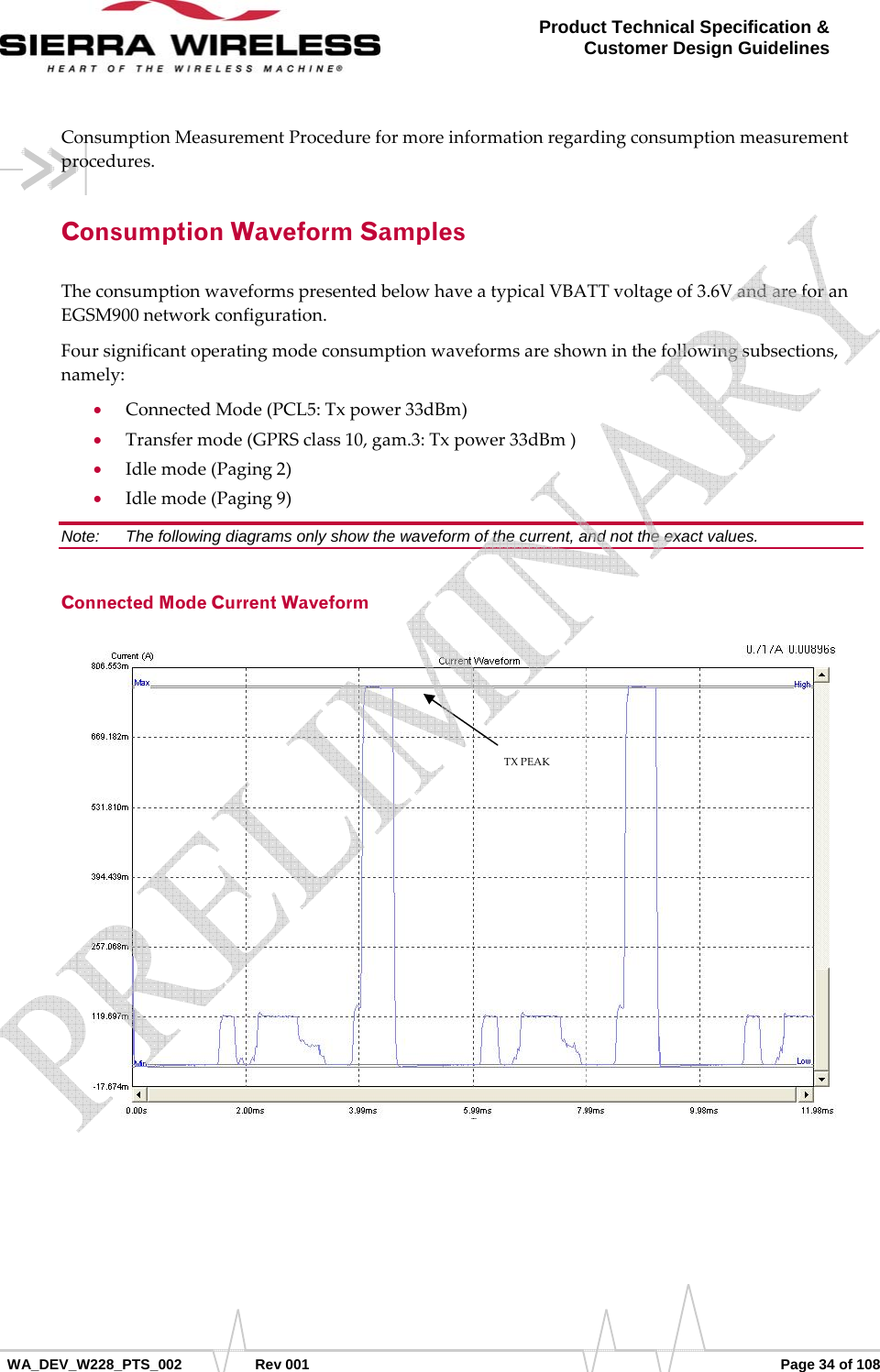      WA_DEV_W228_PTS_002 Rev 001  Page 34 of 108 Product Technical Specification &amp; Customer Design Guidelines ConsumptionMeasurementProcedureformoreinformationregardingconsumptionmeasurementprocedures.Consumption Waveform Samples TheconsumptionwaveformspresentedbelowhaveatypicalVBATTvoltageof3.6VandareforanEGSM900networkconfiguration.Foursignificantoperatingmodeconsumptionwaveformsareshowninthefollowingsubsections,namely:• ConnectedMode(PCL5:Txpower33dBm)• Transfermode(GPRSclass10,gam.3:Txpower33dBm)• Idlemode(Paging2)• Idlemode(Paging9)Note:   The following diagrams only show the waveform of the current, and not the exact values. Connected Mode Current Waveform TXPEAK   