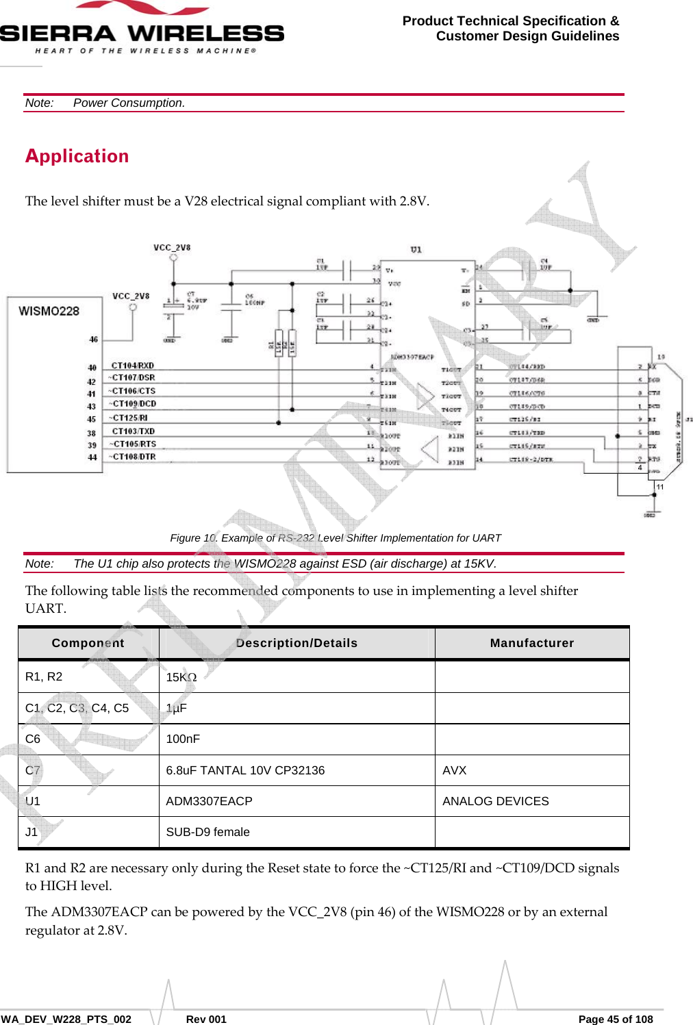      WA_DEV_W228_PTS_002 Rev 001  Page 45 of 108 Product Technical Specification &amp; Customer Design Guidelines Note:   Power Consumption. Application ThelevelshiftermustbeaV28electricalsignalcompliantwith2.8V.Figure 10. Example of RS-232 Level Shifter Implementation for UART Note:   The U1 chip also protects the WISMO228 against ESD (air discharge) at 15KV. ThefollowingtableliststherecommendedcomponentstouseinimplementingalevelshifterUART.Component  Description/Details  Manufacturer R1, R2  15KΩ  C1, C2, C3, C4, C5  1µF   C6 100nF   C7 6.8uF TANTAL 10V CP32136 AVX U1 ADM3307EACP  ANALOG DEVICES J1 SUB-D9 female   R1andR2arenecessaryonlyduringtheResetstatetoforcethe~CT125/RIand~CT109/DCDsignalstoHIGHlevel.TheADM3307EACPcanbepoweredbytheVCC_2V8(pin46)oftheWISMO228orbyanexternalregulatorat2.8V.   