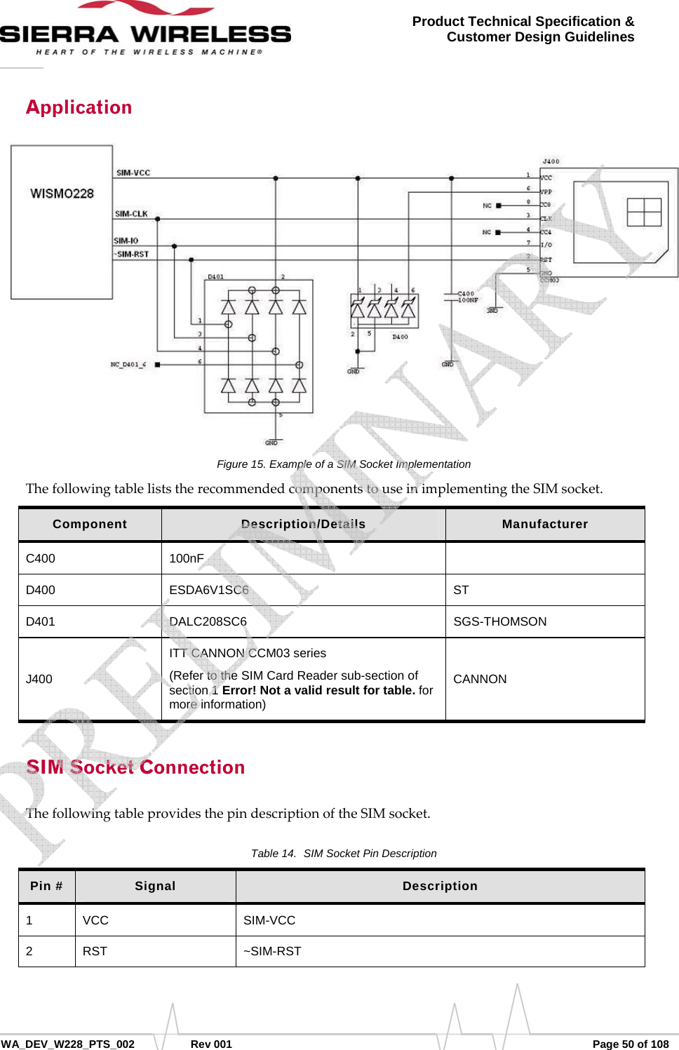      WA_DEV_W228_PTS_002 Rev 001  Page 50 of 108 Product Technical Specification &amp; Customer Design Guidelines Application Figure 15. Example of a SIM Socket Implementation ThefollowingtableliststherecommendedcomponentstouseinimplementingtheSIMsocket.Component  Description/Details  Manufacturer C400 100nF   D400 ESDA6V1SC6  ST D401 DALC208SC6  SGS-THOMSON J400 ITT CANNON CCM03 series (Refer to the SIM Card Reader sub-section of section 1 Error! Not a valid result for table. for more information) CANNON SIM Socket Connection ThefollowingtableprovidesthepindescriptionoftheSIMsocket.Table 14.  SIM Socket Pin Description Pin #  Signal  Description 1 VCC  SIM-VCC 2 RST  ~SIM-RST    