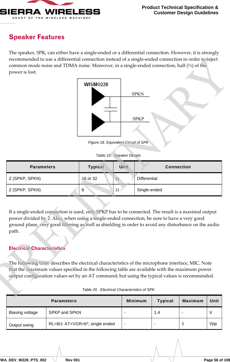      WA_DEV_W228_PTS_002 Rev 001  Page 56 of 108 Product Technical Specification &amp; Customer Design Guidelines Speaker Features Thespeaker,SPK,caneitherhaveasingle‐endedoradifferentialconnection.However,itisstronglyrecommendedtouseadifferentialconnectioninsteadofasingle‐endedconnectioninordertorejectcommonmodenoiseandTDMAnoise.Moreover,inasingle‐endedconnection,half(½)ofthepowerislost.Figure 18. Equivalent Circuit of SPK Table 19.  Speaker Details Parameters  Typical  Unit  Connection Z (SPKP, SPKN)  16 or 32  Ω Differential Z (SPKP, SPKN)  8  Ω Single-ended Ifasingle‐endedconnectionisused,onlySPKPhastobeconnected.Theresultisamaximaloutputpowerdividedby2.Also,whenusingasingle‐endedconnection,besuretohaveaverygoodgroundplane,verygoodfilteringaswellasshieldinginordertoavoidanydisturbanceontheaudiopath.Electrical Characteristics Thefollowingtabledescribestheelectricalcharacteristicsofthemicrophoneinterface,MIC.NotethatthemaximumvaluesspecifiedinthefollowingtableareavailablewiththemaximumpoweroutputconfigurationvaluessetbyanATcommand;butusingthetypicalvaluesisrecommended.Table 20.  Electrical Characteristics of SPK Parameters  Minimum  Typical  Maximum  Unit Biasing voltage  SPKP and SPKN  -  1.4  -  V Output swing  RL=8Ω: AT+VGR=6*; single ended  - - 1 Vpp    