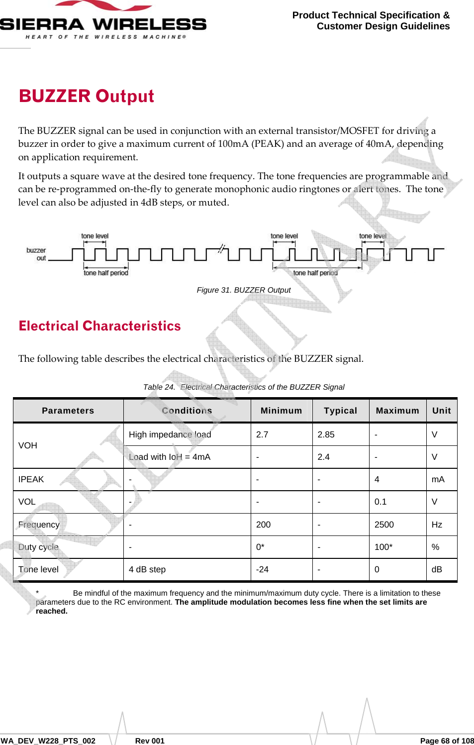      WA_DEV_W228_PTS_002 Rev 001  Page 68 of 108 Product Technical Specification &amp; Customer Design Guidelines BUZZER Output TheBUZZERsignalcanbeusedinconjunctionwithanexternaltransistor/MOSFETfordrivingabuzzerinordertogiveamaximumcurrentof100mA(PEAK)andanaverageof40mA,dependingonapplicationrequirement.Itoutputsasquarewaveatthedesiredtonefrequency.Thetonefrequenciesareprogrammableandcanbere‐programmedon‐the‐flytogeneratemonophonicaudioringtonesoralerttones.Thetonelevelcanalsobeadjustedin4dBsteps,ormuted.Figure 31. BUZZER Output Electrical Characteristics ThefollowingtabledescribestheelectricalcharacteristicsoftheBUZZERsignal.Table 24.  Electrical Characteristics of the BUZZER Signal Parameters  Conditions  Minimum  Typical  Maximum  Unit VOH High impedance load  2.7  2.85  -  V Load with IoH = 4mA  -  2.4  -  V IPEAK -  - - 4 mA VOL -  - - 0.1 V Frequency -  200 - 2500 Hz Duty cycle  -  0*  -  100*  % Tone level  4 dB step  -24  -  0  dB *    Be mindful of the maximum frequency and the minimum/maximum duty cycle. There is a limitation to these parameters due to the RC environment. The amplitude modulation becomes less fine when the set limits are reached.     