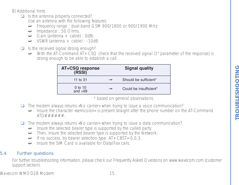 15Wavecom WMOD2B ModemTROUBLESHOOTINGB) Additional hints❑Is the antenna properly connected?Use an antenna with the following features:➫Frequency range : dual-band GSM 900/1800 or 900/1900 MHz.➫Impedance : 50 Ohms.➫Gain (antenna + cable) : 0dBi.➫VSWR (antenna + cable) : -10dB.❑Is the received signal strong enough?➫With the AT-Command AT+CSQ check that the received signal (1st parameter of the response) isstrong enough to be able to establish a call.* based on general observations.❑The modem always returns «No carrier» when trying to issue a voice communication?➫Insure the character «semicolon» is present straight after the phone number on the AT-CommandATD######;❑The modem always returns «No carrier» when trying to issue a data communication?➫Insure the selected bearer type is supported by the called party.➫Then, insure the selected bearer type is supported by the Network.➫If no success, try bearer selection type: AT+CBST=0,0,3.➫Insure the SIM Card is available for Data/Fax calls.5.4 Further questionsFor further troubleshooting information, please check our Frequently Asked Questions on www.wavecom.com (customersupport section).AT+CSQ response Signal quality(RSSI)11 to 31 ➞Should be sufficient*0 to 10and +99 ➞Could be insufficient*