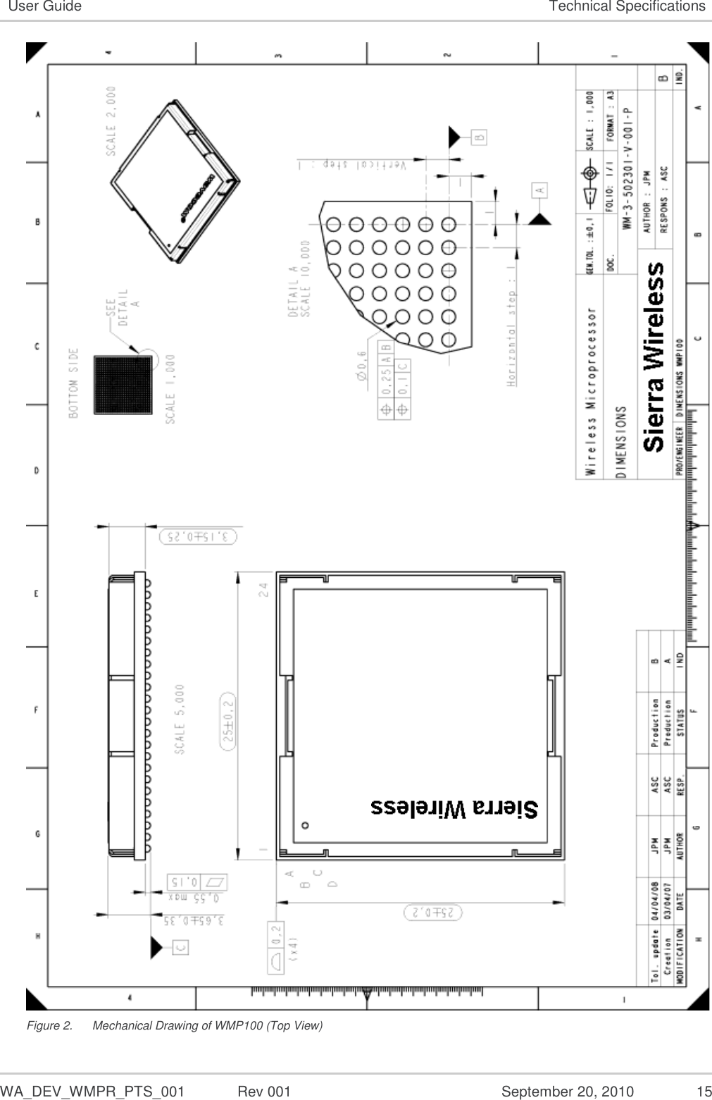   WA_DEV_WMPR_PTS_001  Rev 001  September 20, 2010  15 User Guide Technical Specifications  Figure 2.  Mechanical Drawing of WMP100 (Top View) 