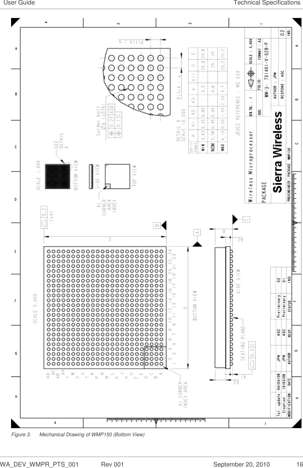  WA_DEV_WMPR_PTS_001  Rev 001  September 20, 2010  16 User Guide Technical Specifications  Figure 3.  Mechanical Drawing of WMP150 (Bottom View) 