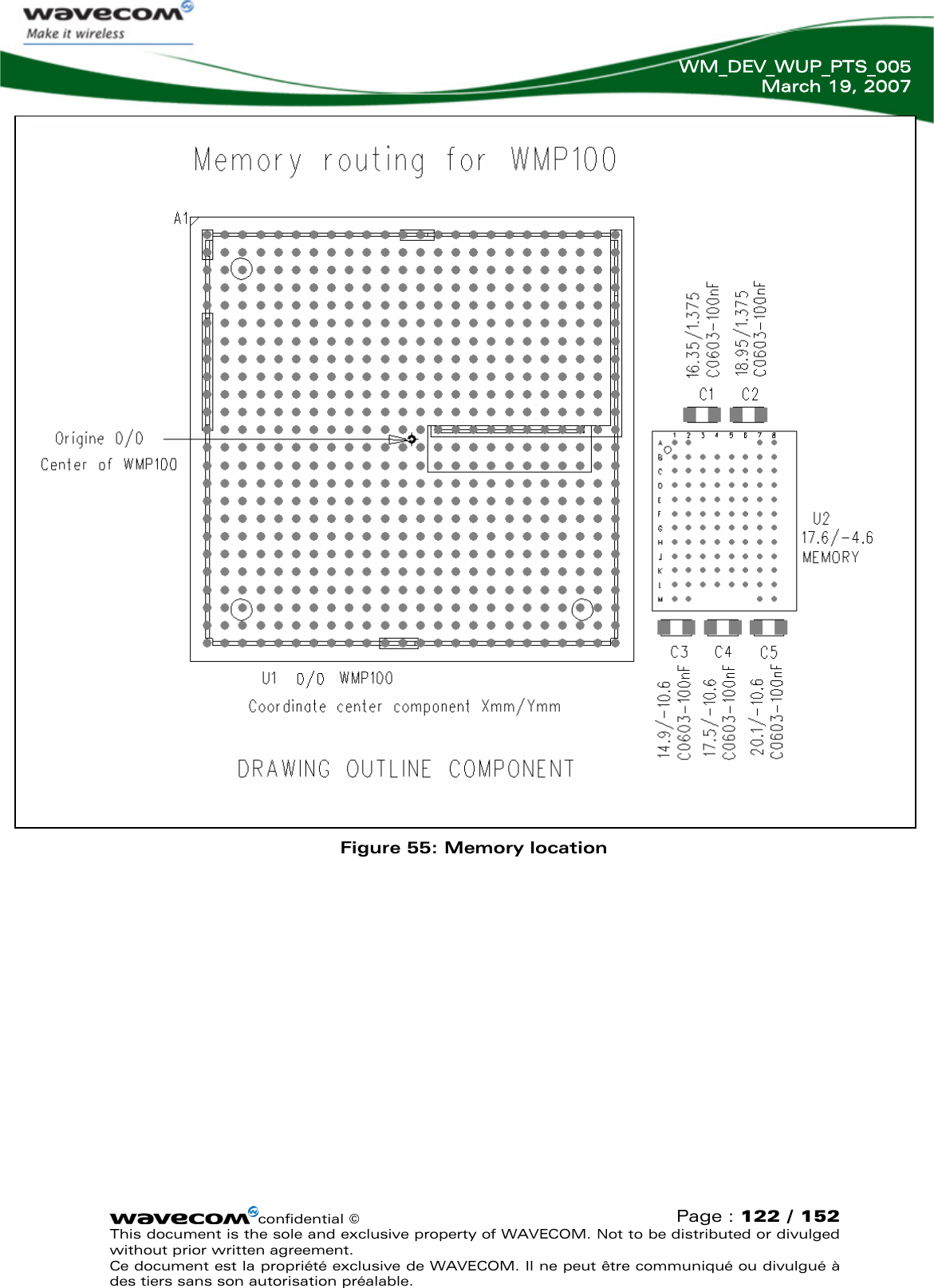   WM_DEV_WUP_PTS_005 March 19, 2007  confidential © Page : 122 / 152 This document is the sole and exclusive property of WAVECOM. Not to be distributed or divulged without prior written agreement.  Ce document est la propriété exclusive de WAVECOM. Il ne peut être communiqué ou divulgué à des tiers sans son autorisation préalable.   Figure 55: Memory location  