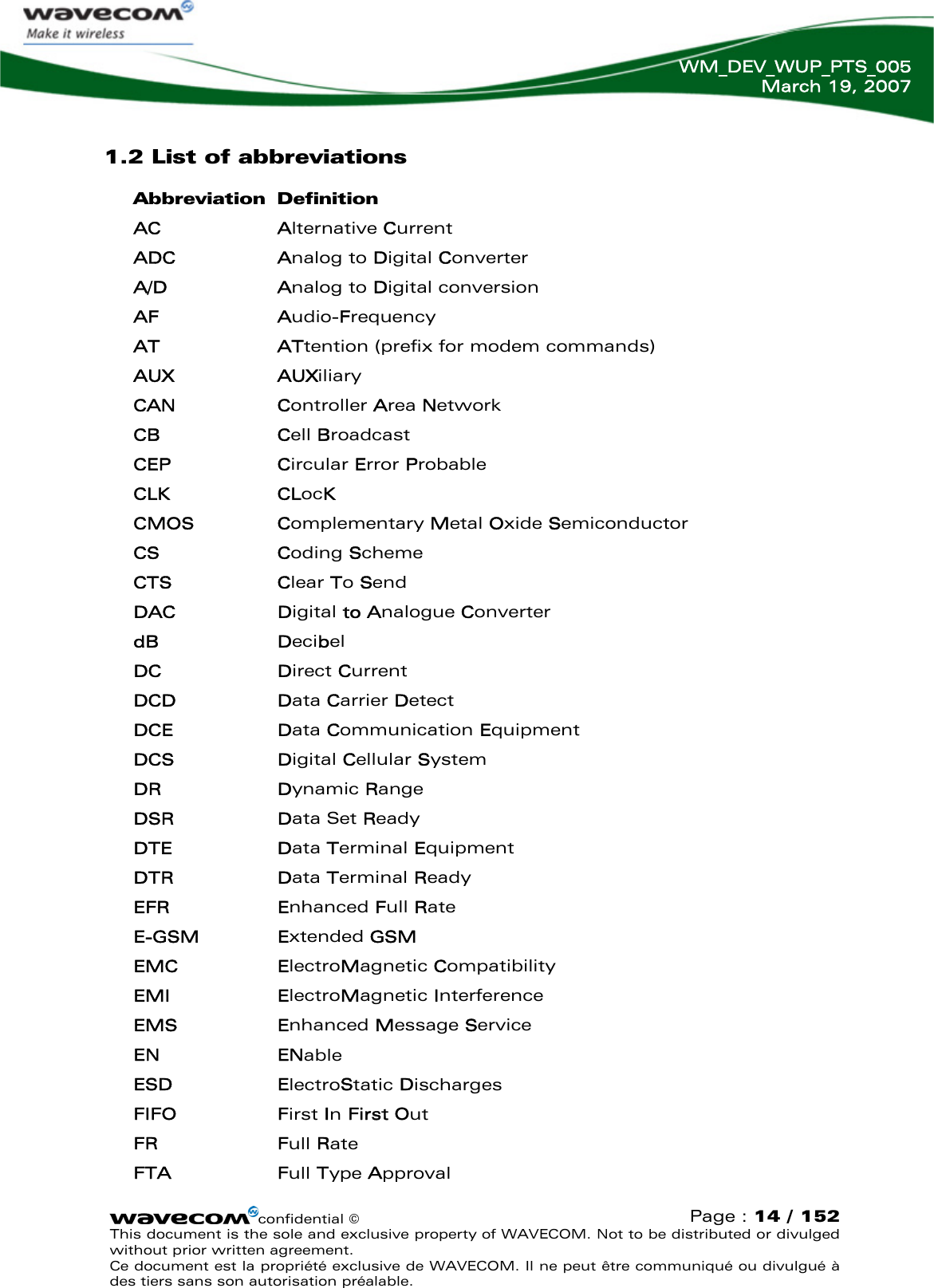   WM_DEV_WUP_PTS_005 March 19, 2007  confidential © Page : 14 / 152 This document is the sole and exclusive property of WAVECOM. Not to be distributed or divulged without prior written agreement.  Ce document est la propriété exclusive de WAVECOM. Il ne peut être communiqué ou divulgué à des tiers sans son autorisation préalable.  1.2 List of abbreviations Abbreviation Definition AC Alternative Current ADC Analog to Digital Converter A/D Analog to Digital conversion AF Audio-Frequency AT ATtention (prefix for modem commands) AUX AUXiliary CAN Controller Area Network CB Cell Broadcast CEP Circular Error Probable CLK CLocK CMOS Complementary Metal Oxide Semiconductor CS Coding Scheme CTS Clear To Send DAC Digital to Analogue Converter dB Decibel DC Direct Current DCD Data Carrier Detect DCE Data Communication Equipment DCS Digital Cellular System DR Dynamic Range DSR Data Set Ready DTE Data Terminal Equipment DTR Data Terminal Ready EFR Enhanced Full Rate E-GSM Extended GSM EMC ElectroMagnetic Compatibility EMI ElectroMagnetic Interference EMS Enhanced Message Service EN ENable ESD ElectroStatic Discharges FIFO First In First Out FR Full Rate FTA Full Type Approval 